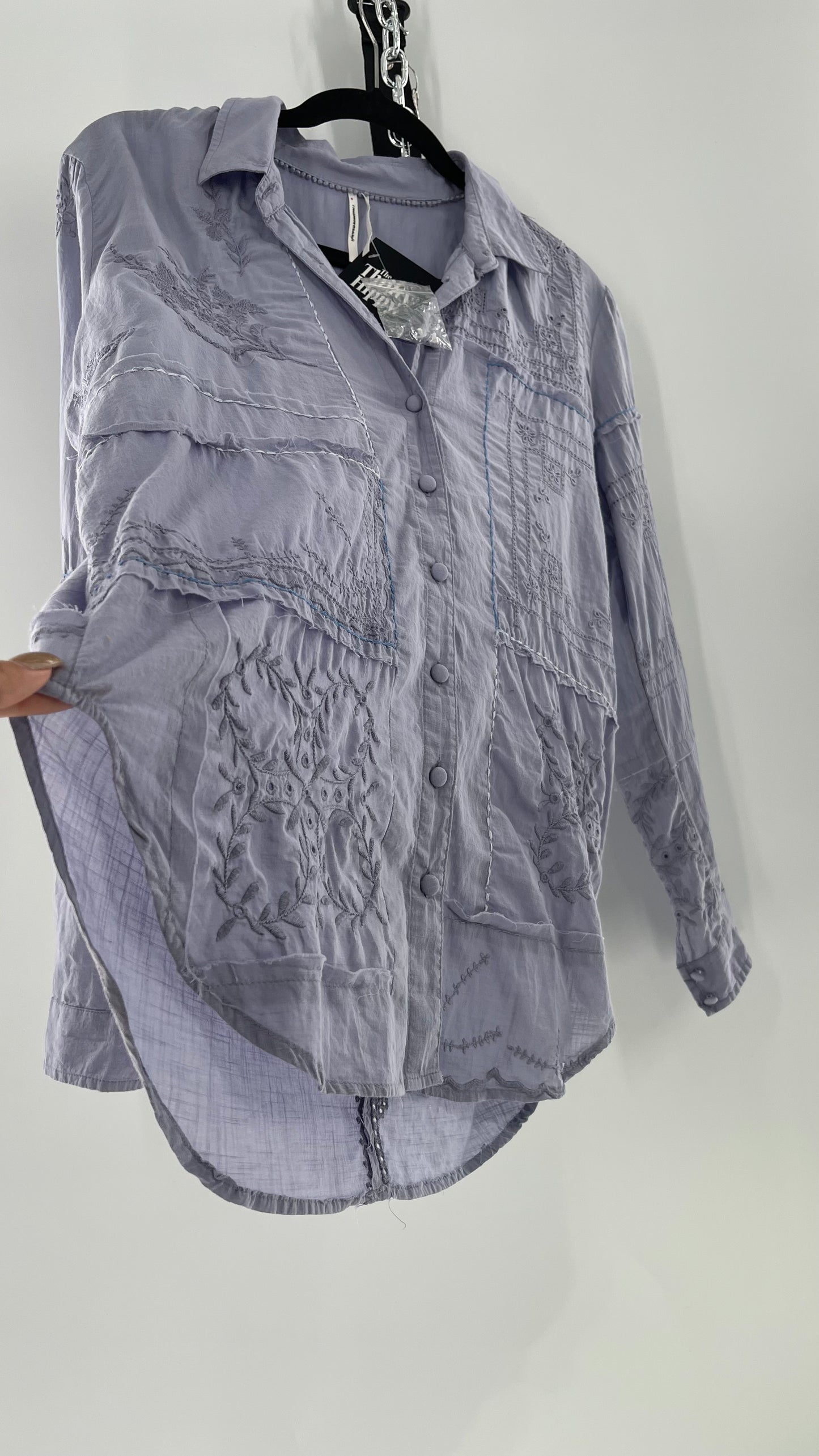 Anthropologie Powder Blue Patchwork Embroidered Long Sleeve (Small)