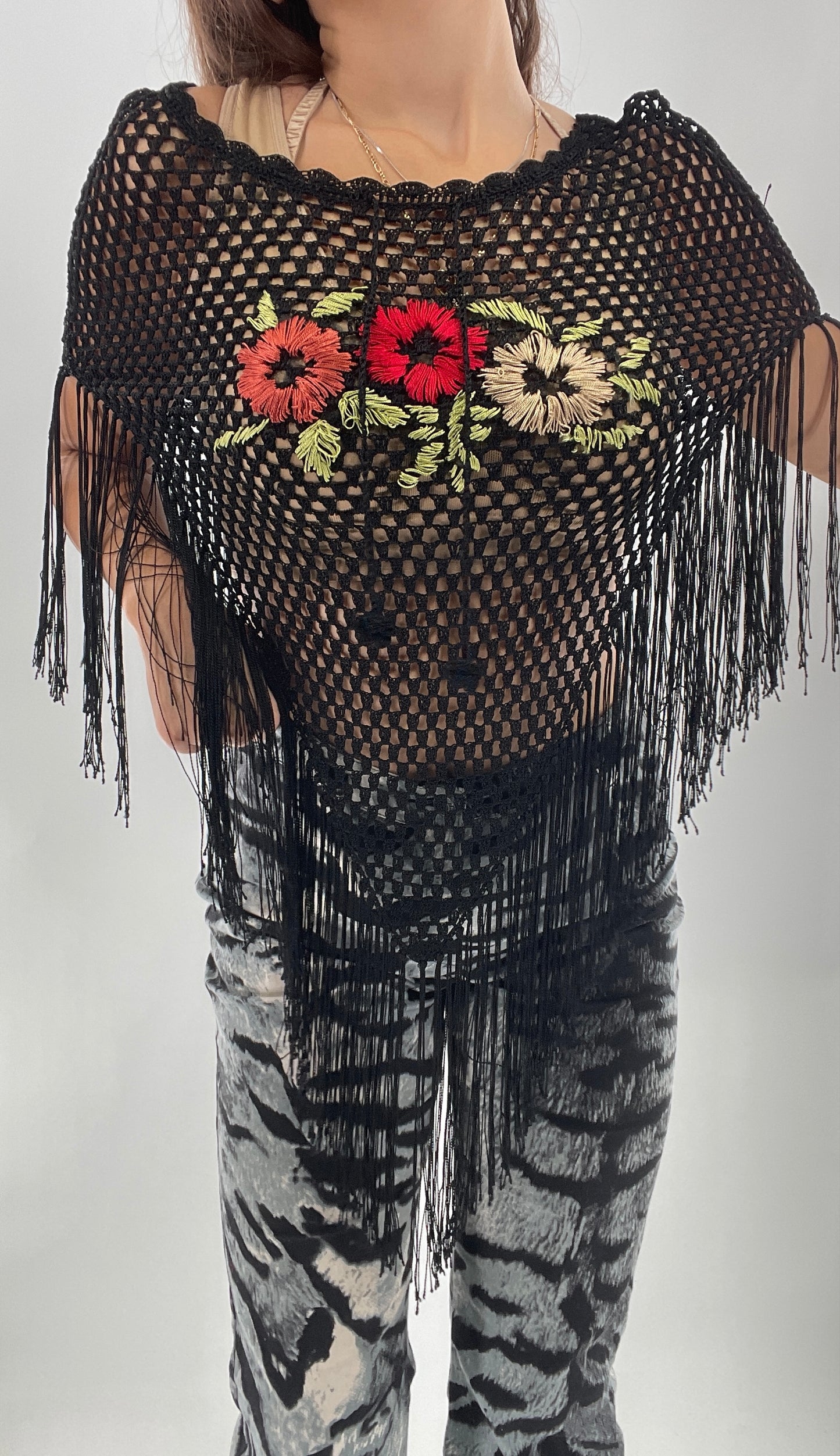 Say What Vintage Black Floral Poncho (One Size)