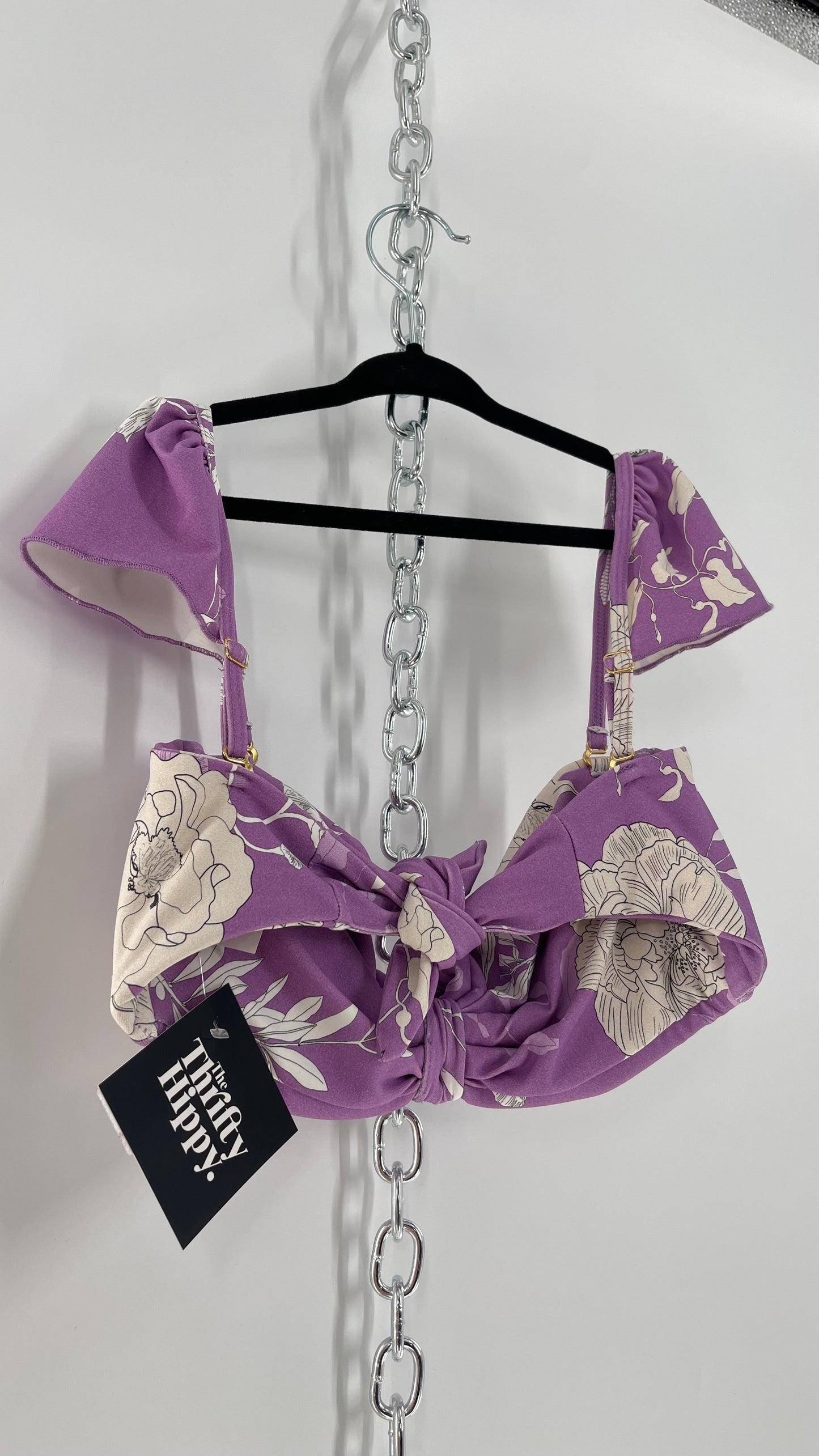 Montce Lilac Lavender Floral Swim Top with Tie Front and Ruffled Shoulder (Medium)
