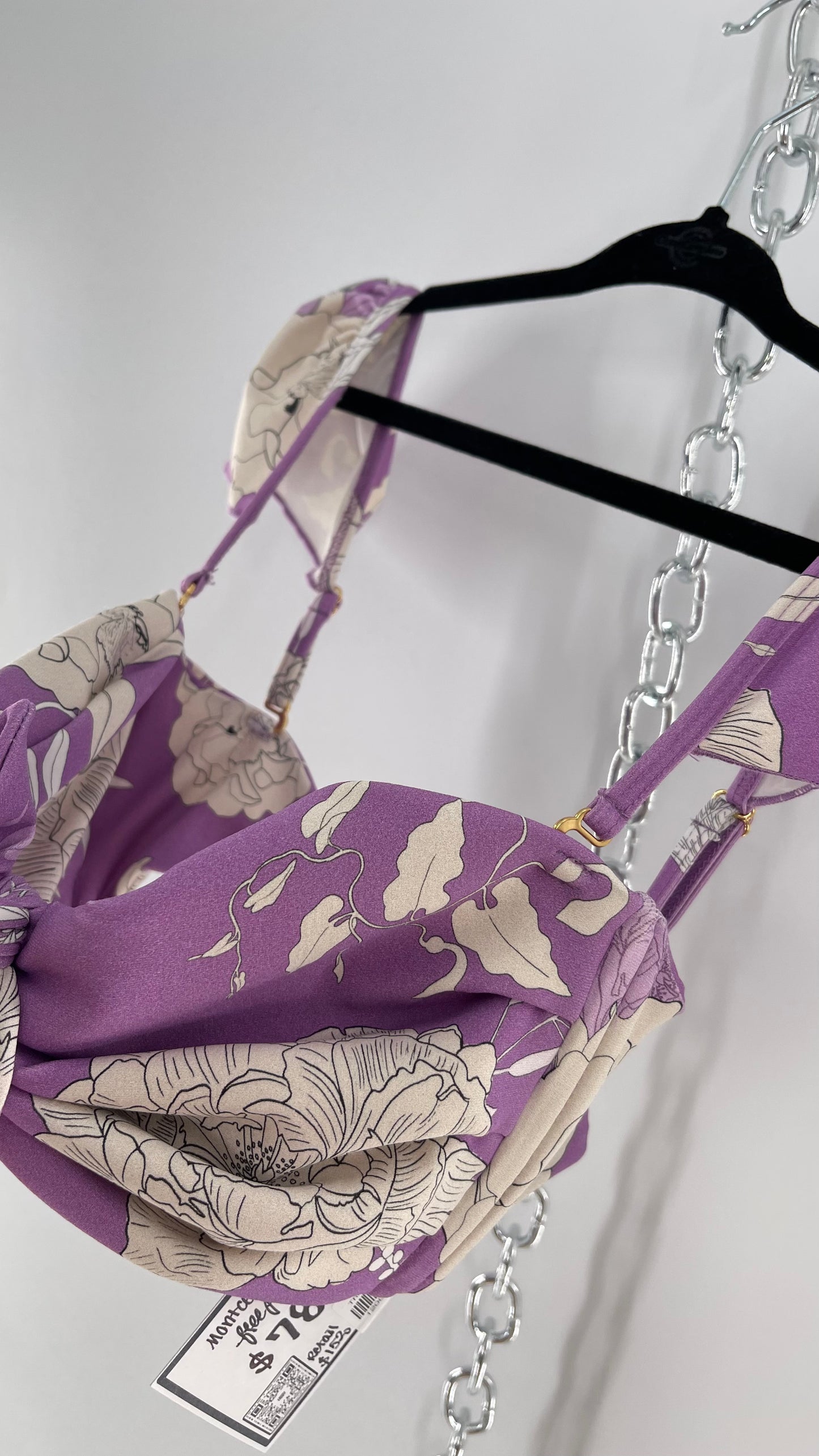 Montce Lilac Lavender Floral Swim Top with Tie Front and Ruffled Shoulder (Medium)