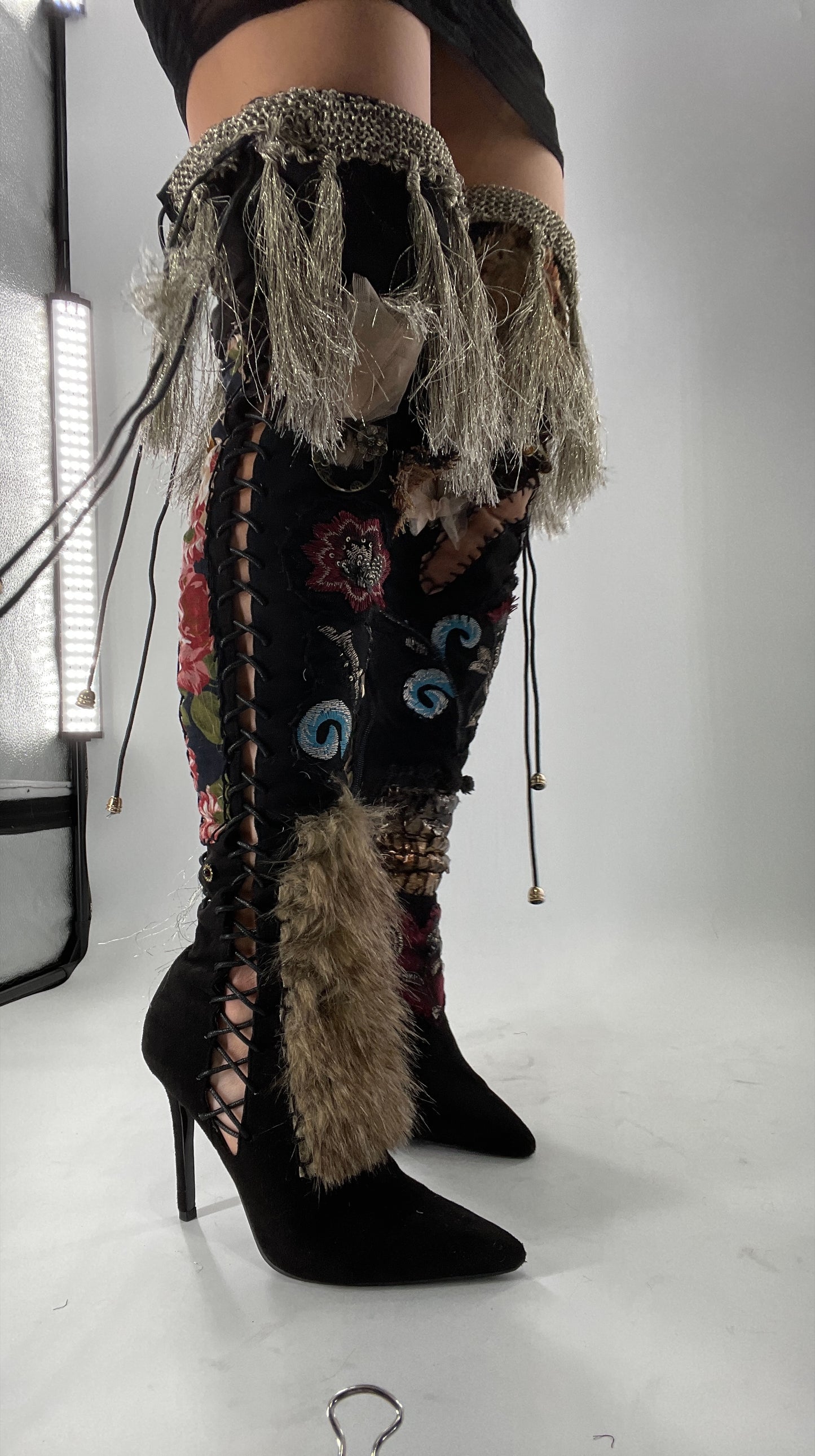 Custom Hand Sewn + Embroidered Thigh High Boots (7.5)