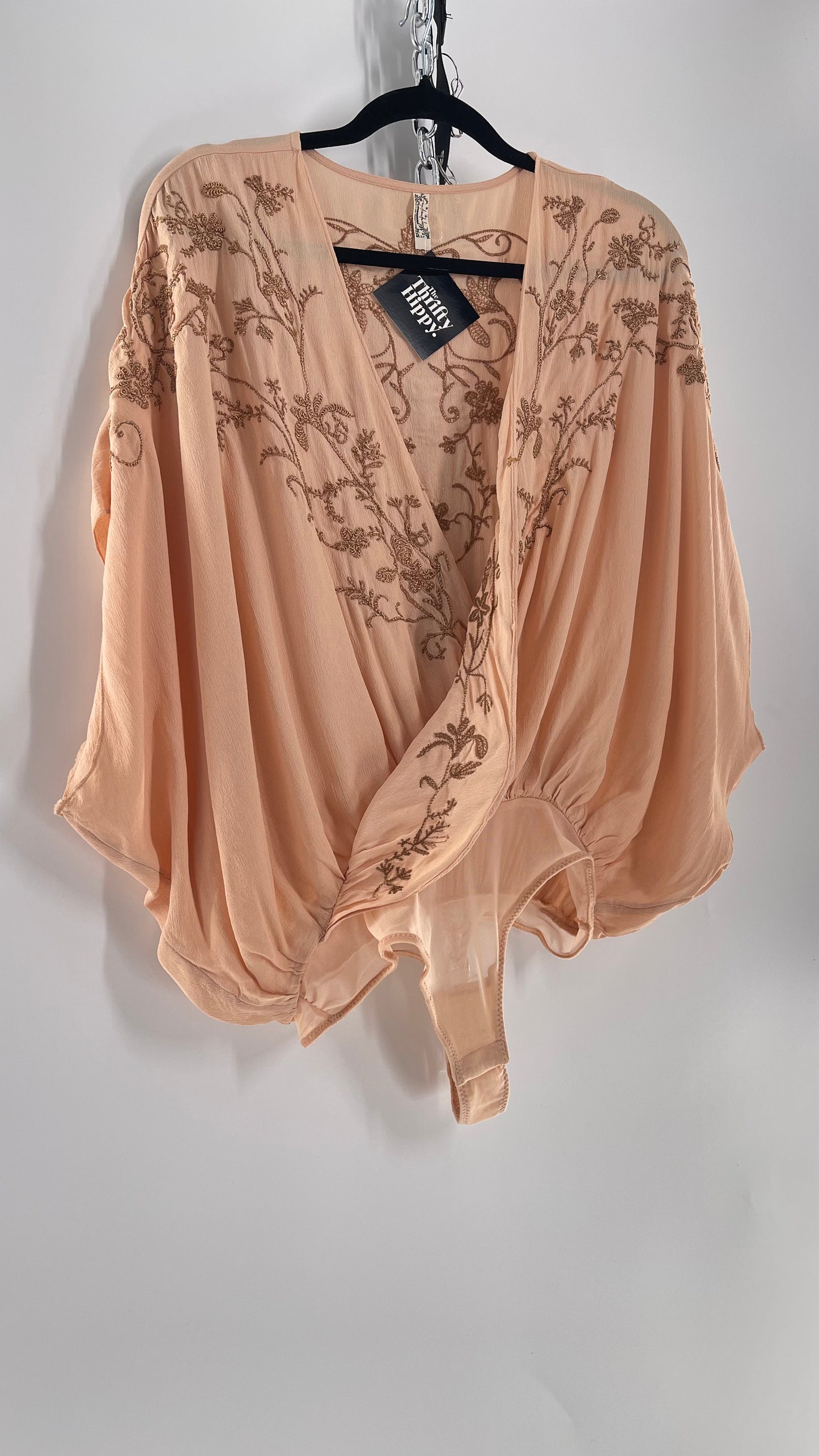 Free People Blush Short Sleeve Bodysuit with Gold Embroidered Blossoms (Small)