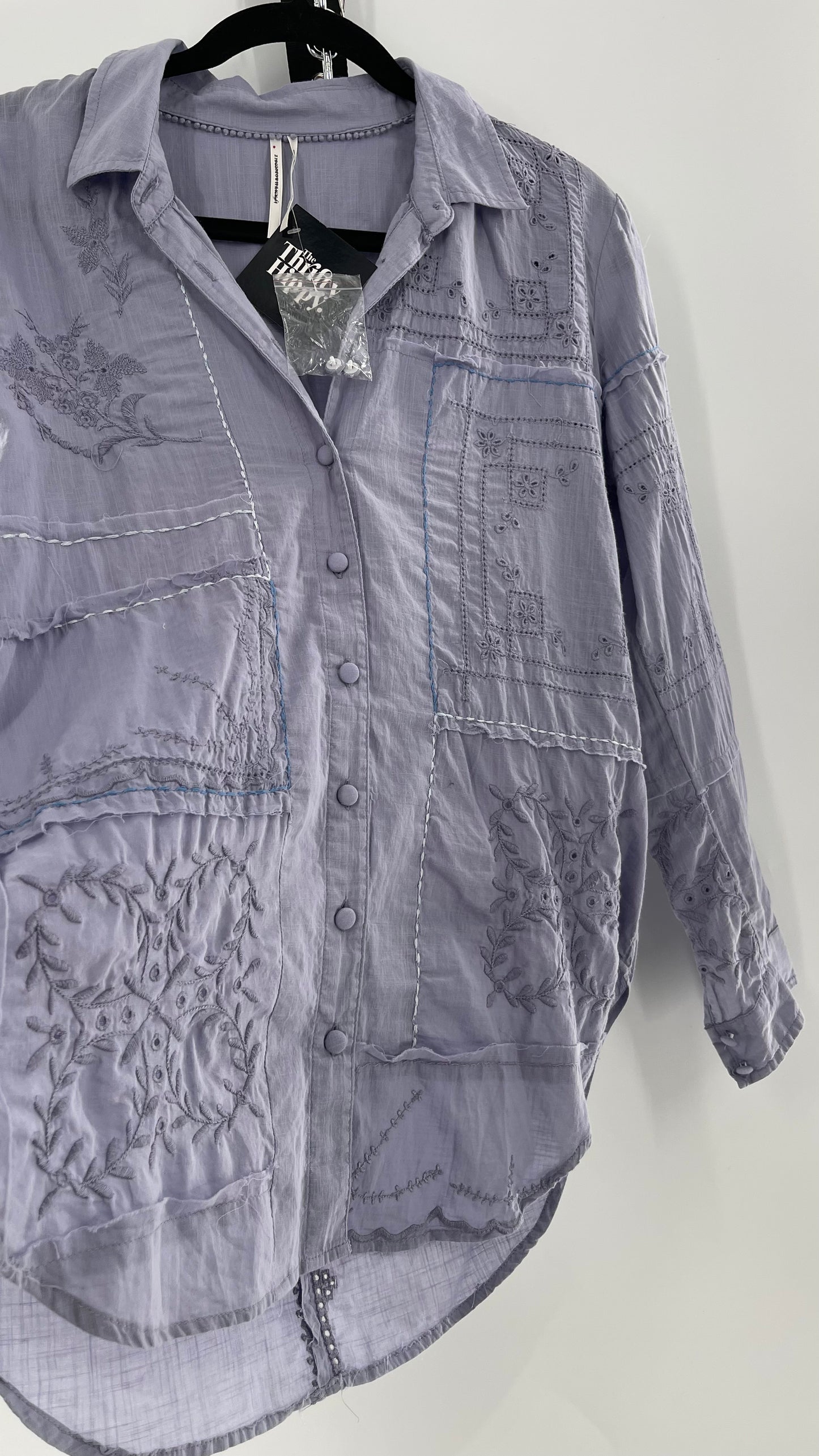 Anthropologie Powder Blue Patchwork Embroidered Long Sleeve (Small)