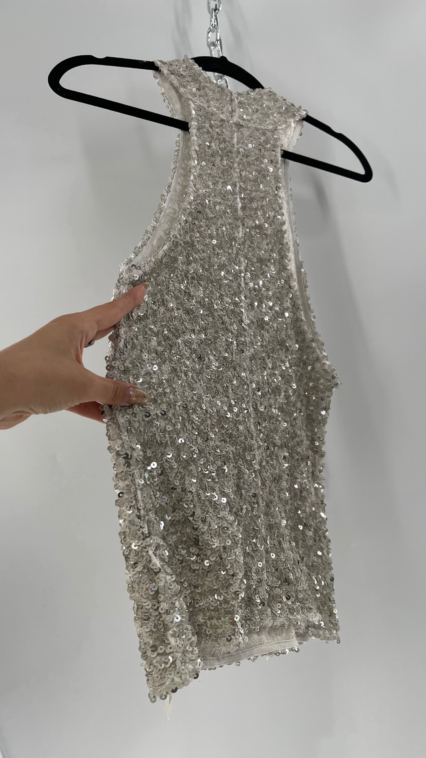 Free People White/Silver Sequin High Neck Tank(Large)