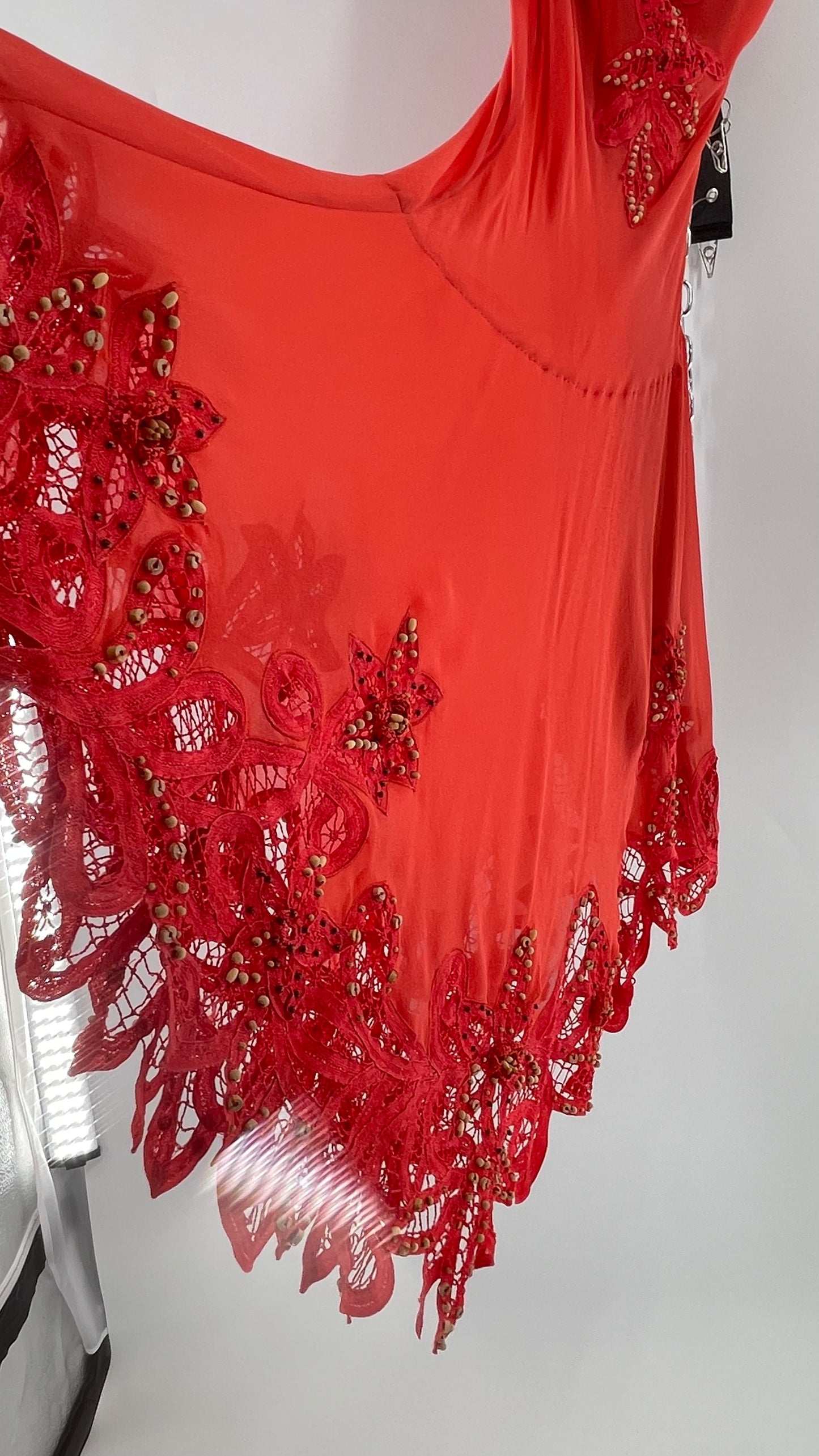 1990s Vintage Cache Coral Appliqué Tropical Beaded Slip (2)