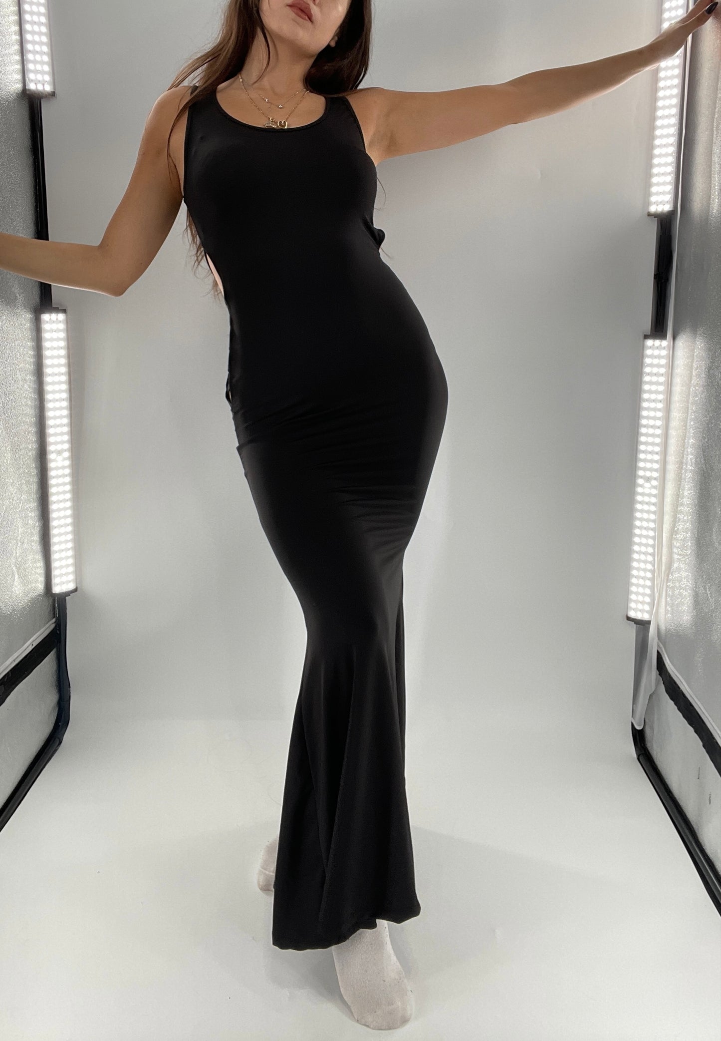 Vintage Black Slinky Maxi Dress with Open Back Strappy Side Detail (S)