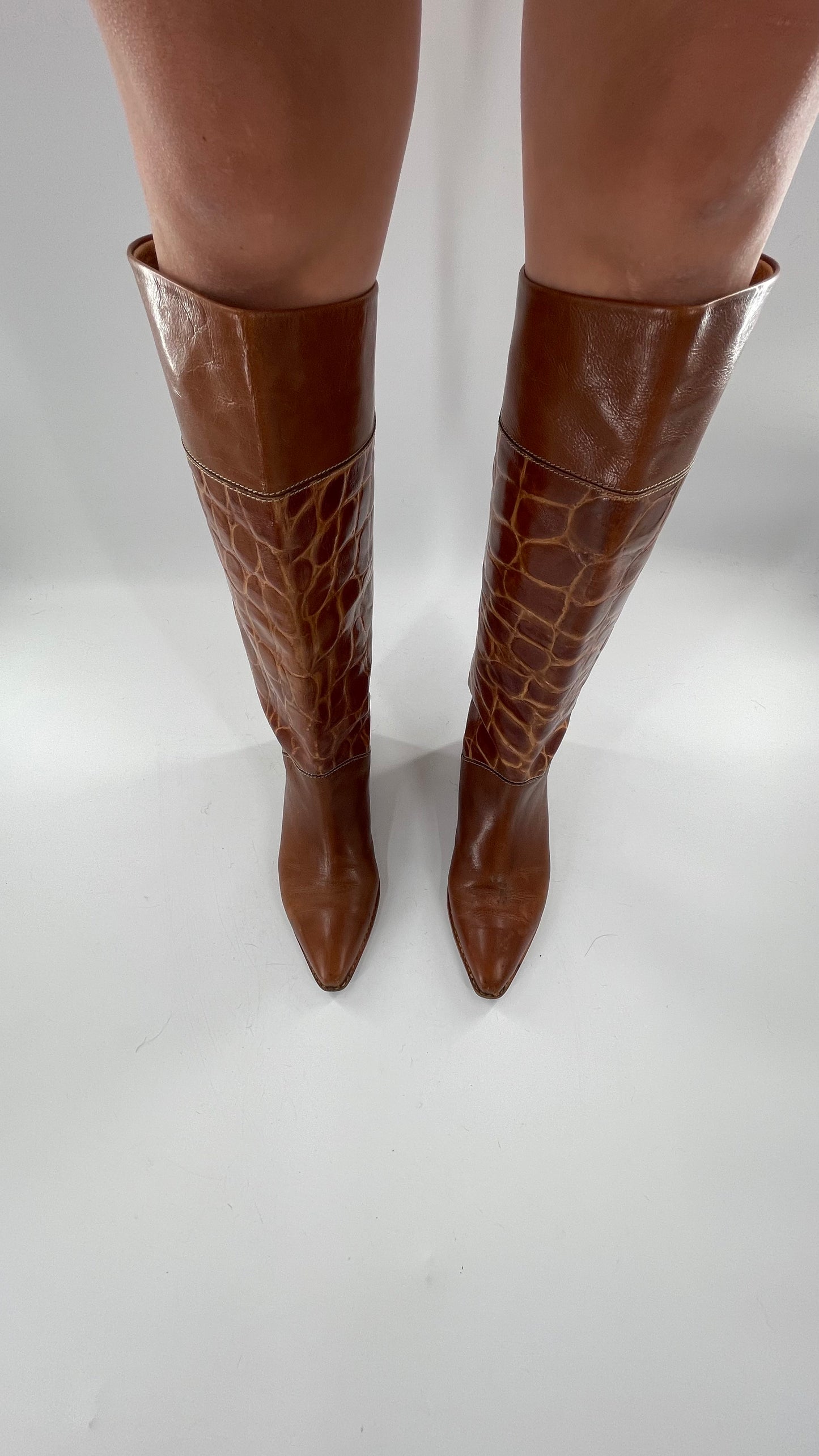 Joan & David Brown Leather Cowboy Snake Print Boots