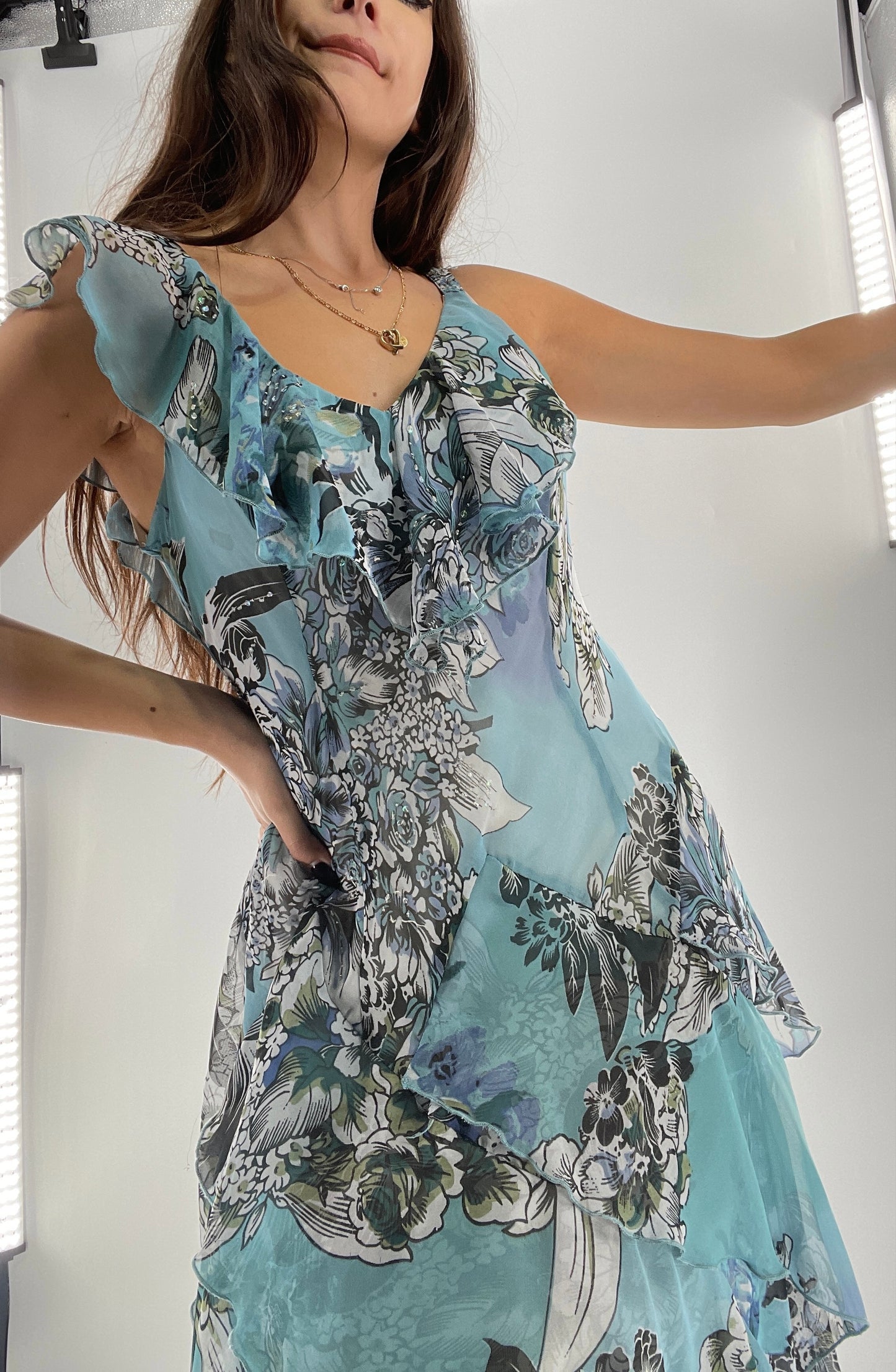 Vintage 1990s Blue Floral Ruffle Dress (M)