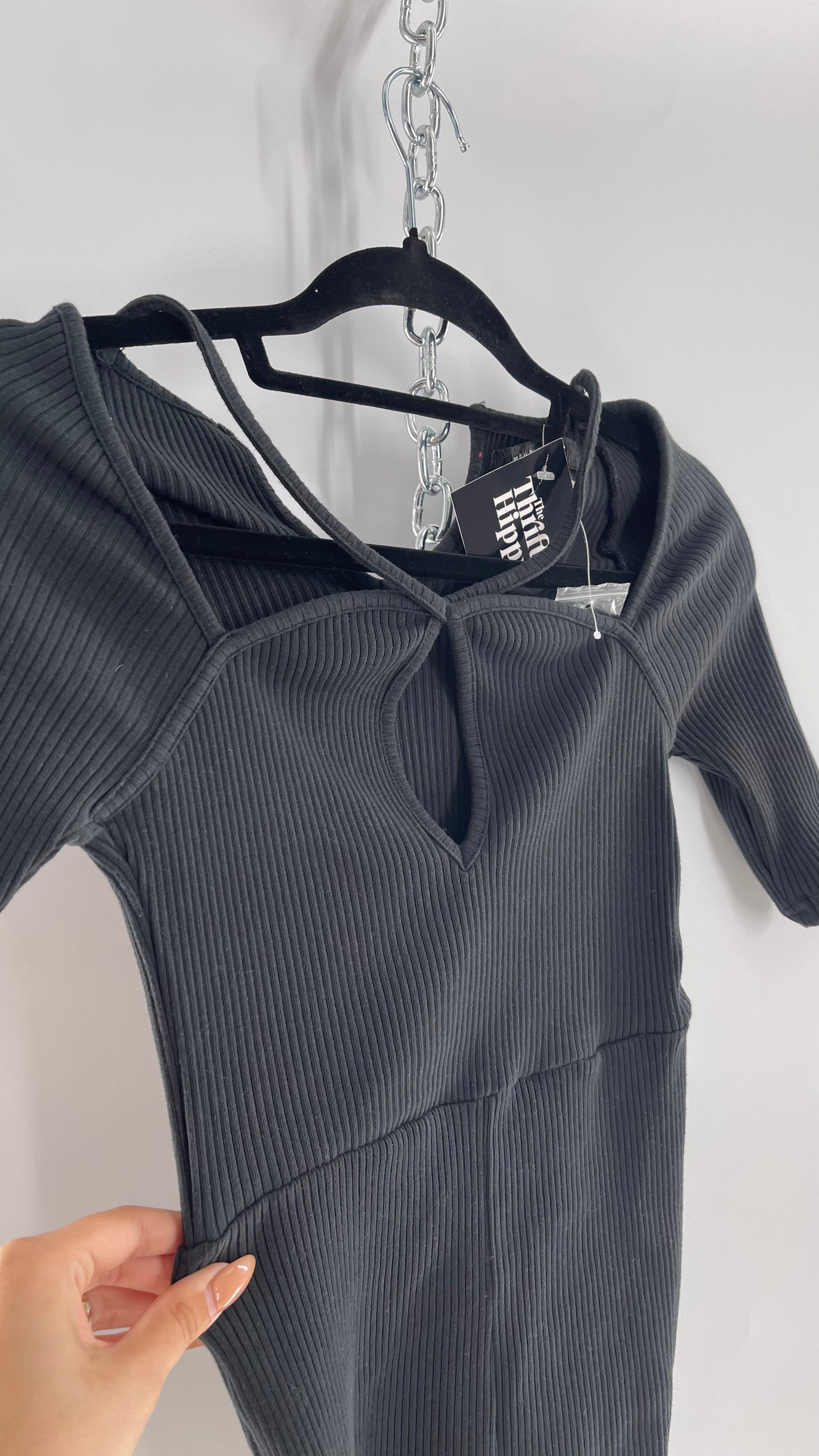 Urban Outfitters Black Ribbed Jumpsuit with Detailed Neckline (Small)