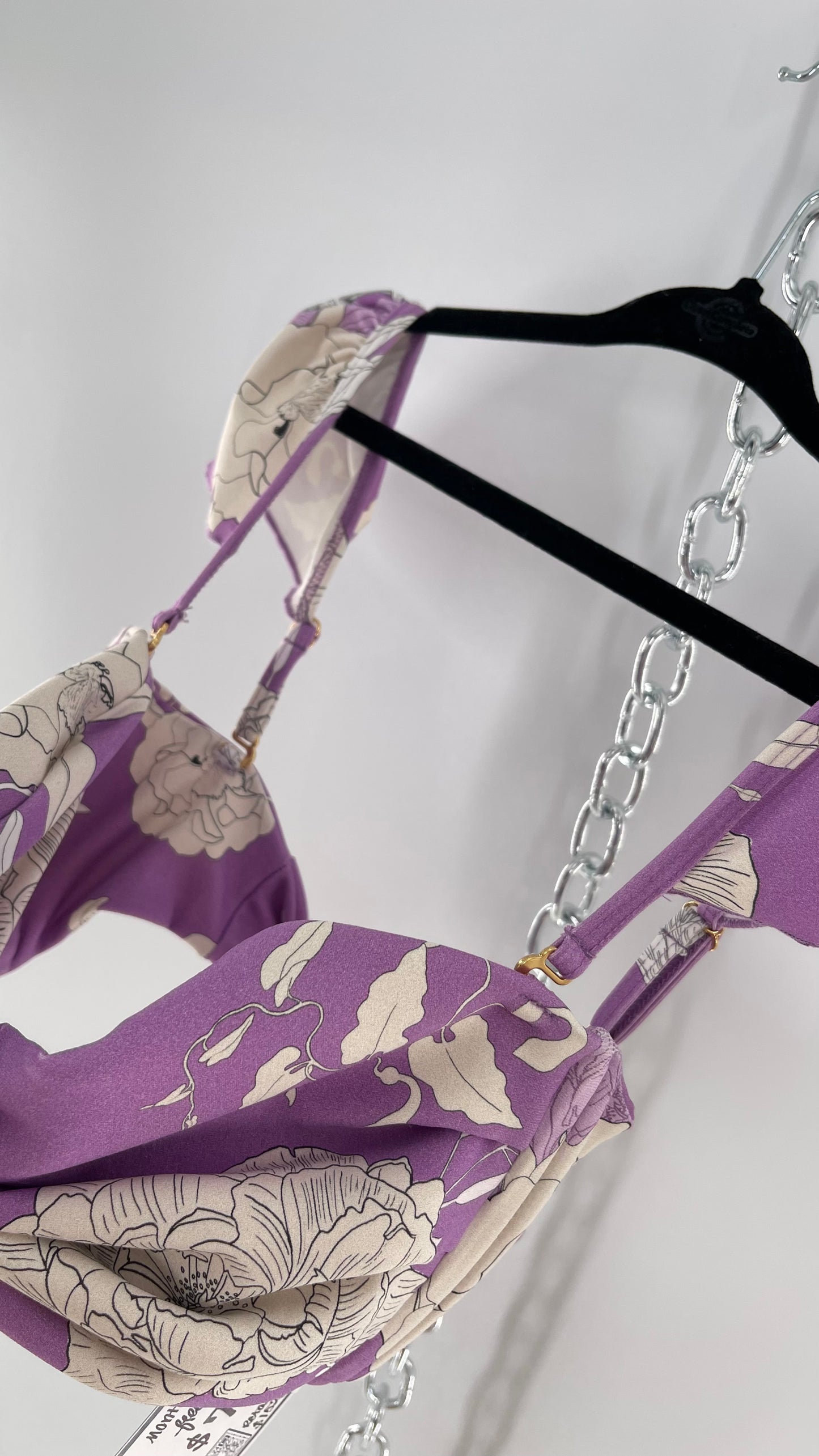 Montce Lilac Lavender Floral Swim Top with Tie Front and Ruffled Shoulder (Medium)