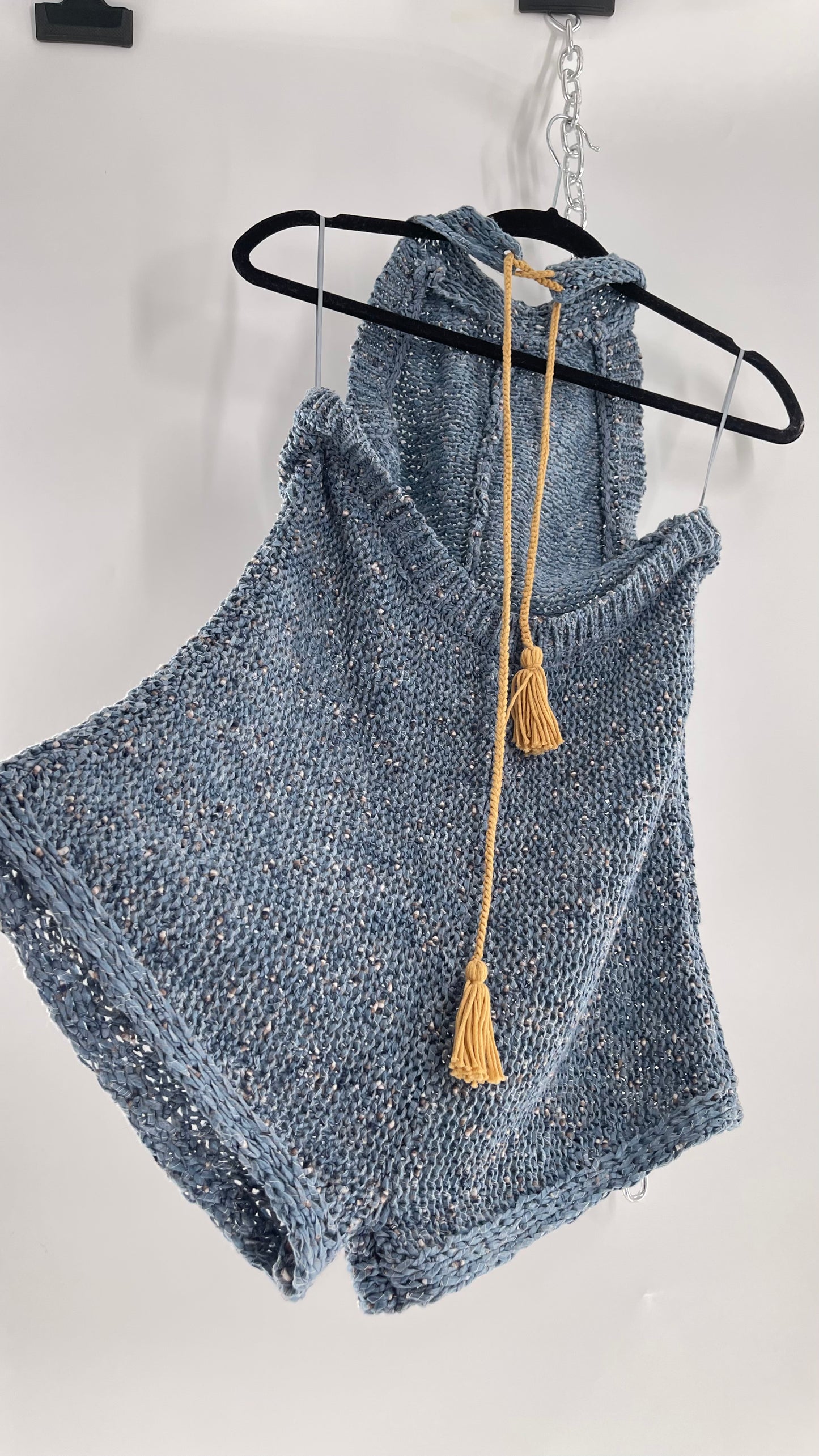 Free People Blue Crochet Knit Halter Romper (Medium)