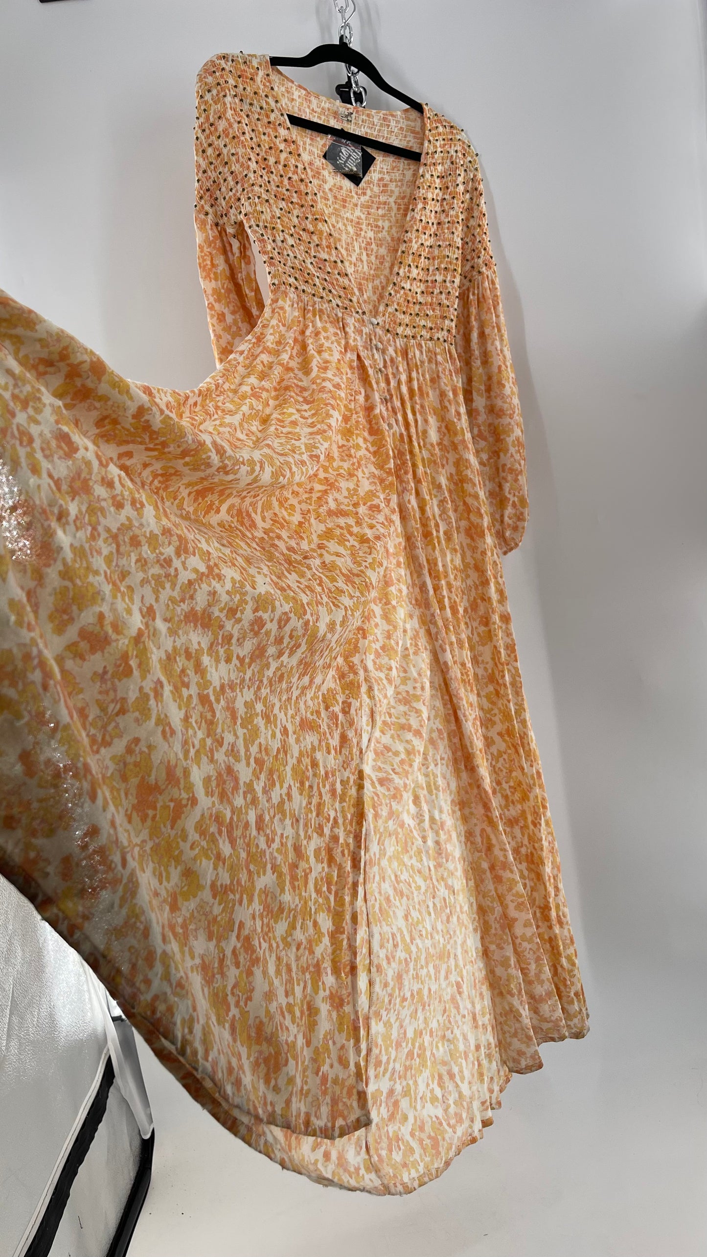 Intimately Free People Orange Floral Smocked Maxi Dress (XS)