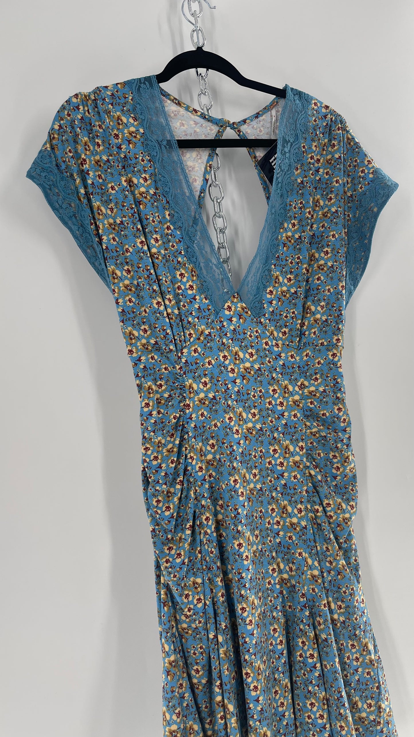 Free People Sweet Talker Blue Floral Ruched Mini Dress (Large)