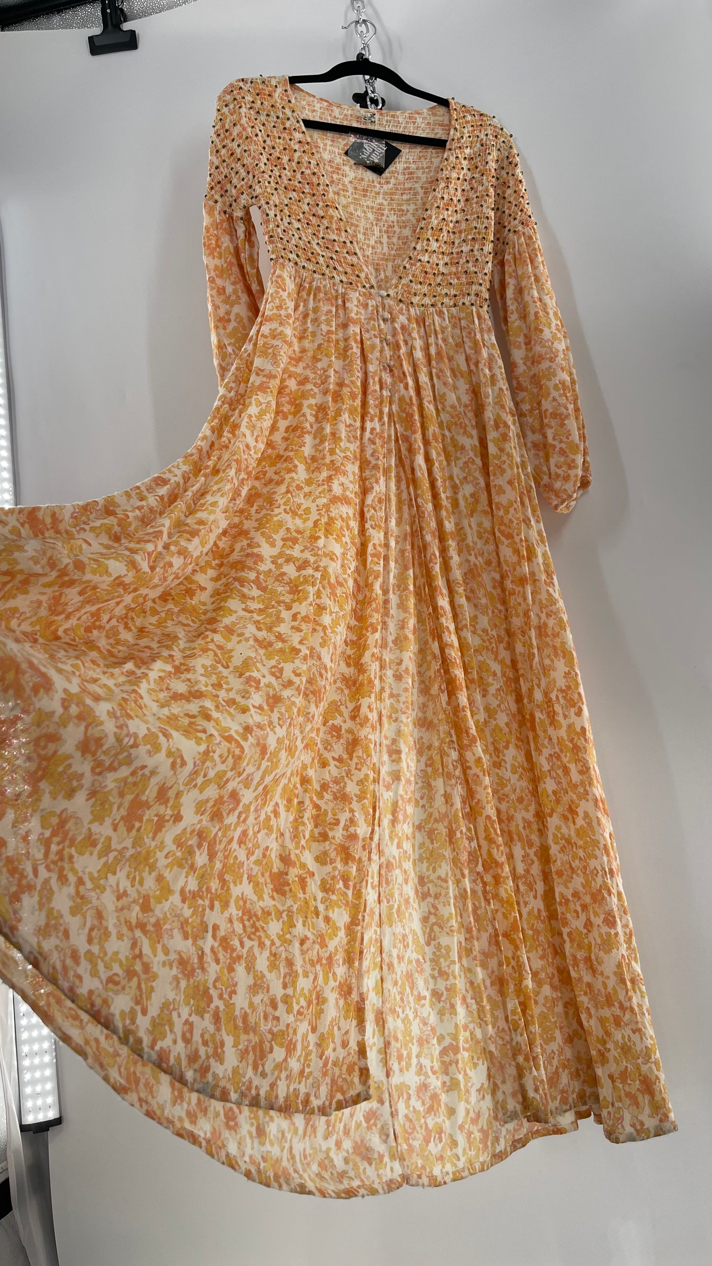 Intimately Free People Orange Floral Smocked Maxi Dress (XS)