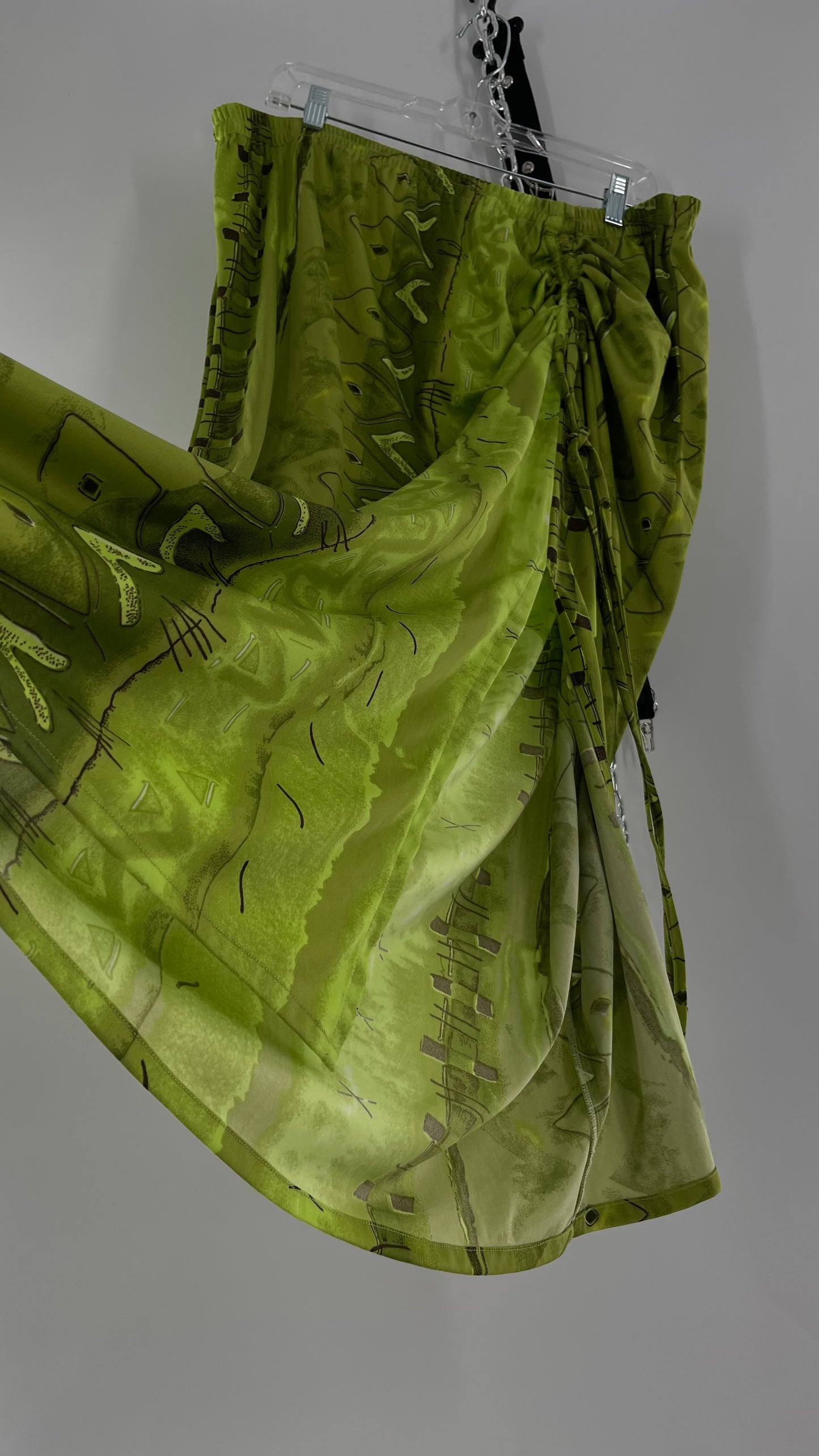 Vintage 90s Lime Green Patterned Ruche Side Slit Skirt (XXL)