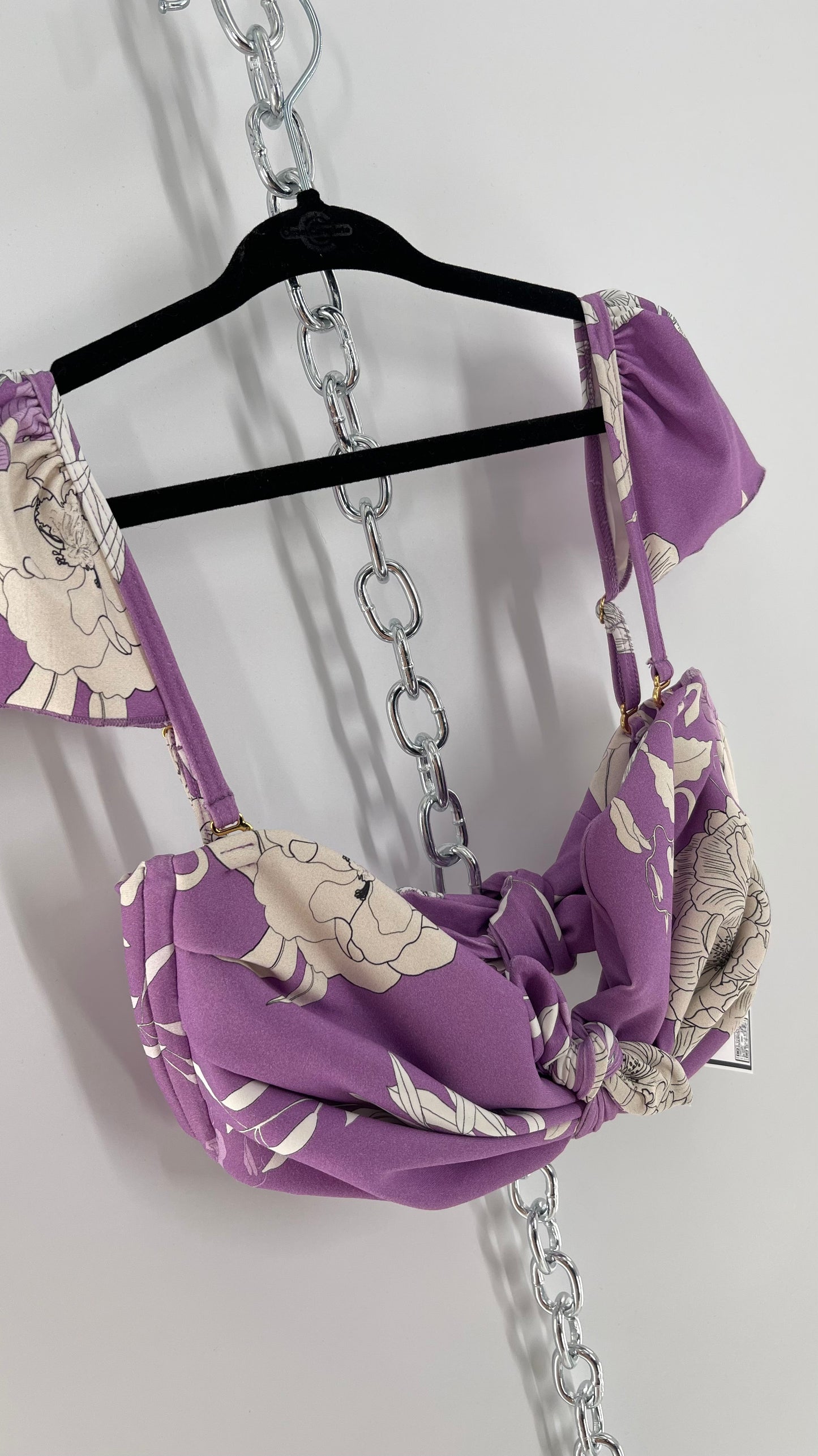 Montce Lilac Lavender Floral Swim Top with Tie Front and Ruffled Shoulder (Medium)