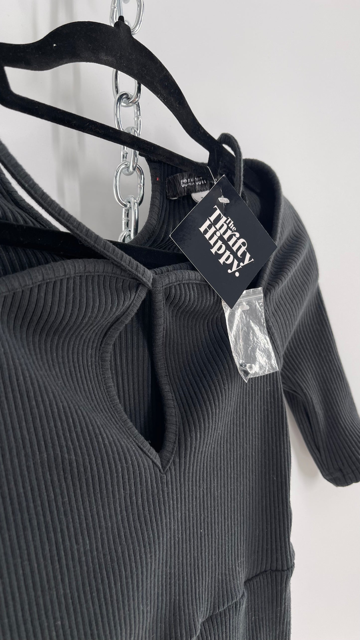 Urban Outfitters Black Ribbed Jumpsuit with Detailed Neckline (Small)