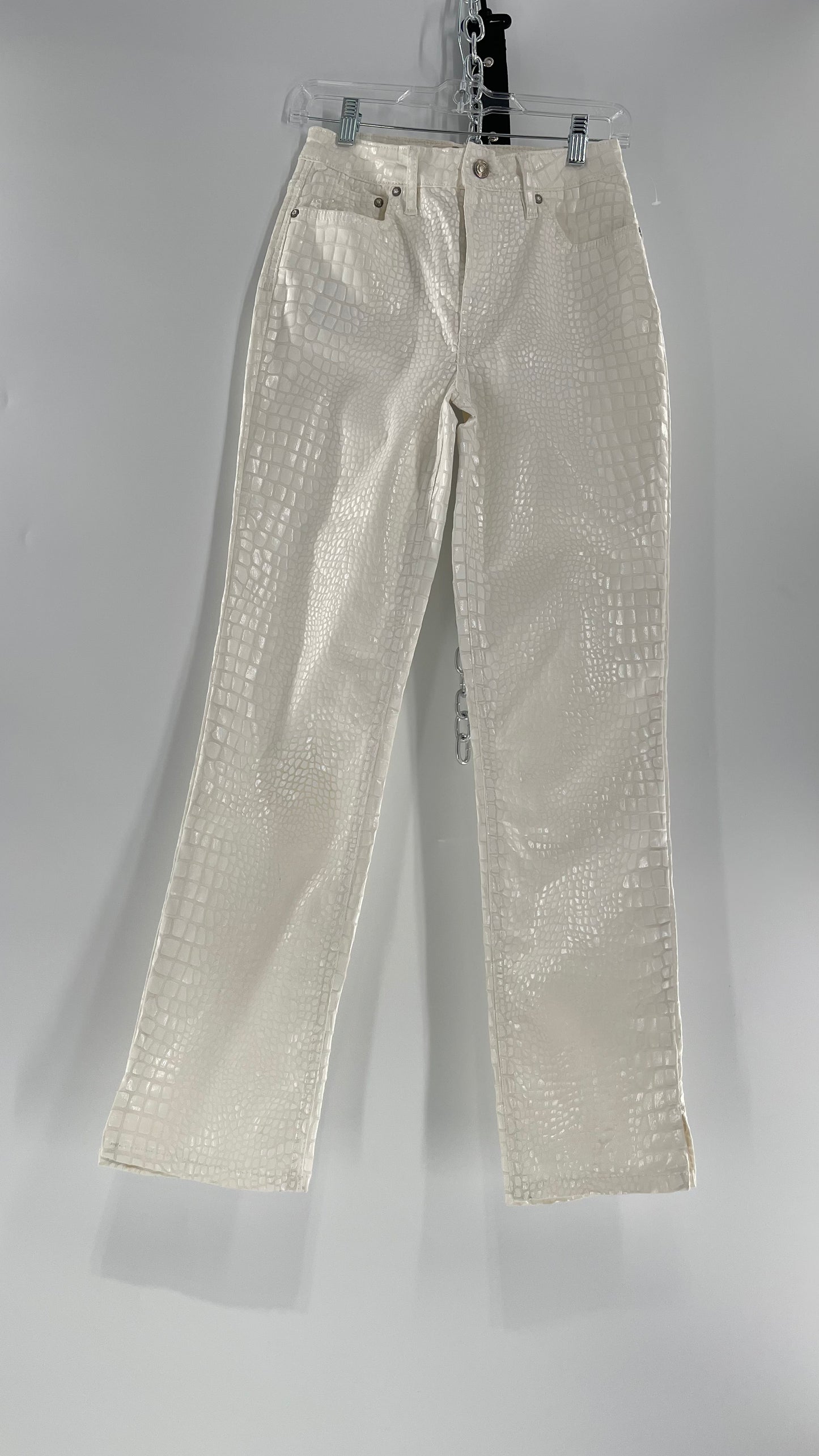 Free People White Straight Leg Jeans with Snake Patterned Texture (27)