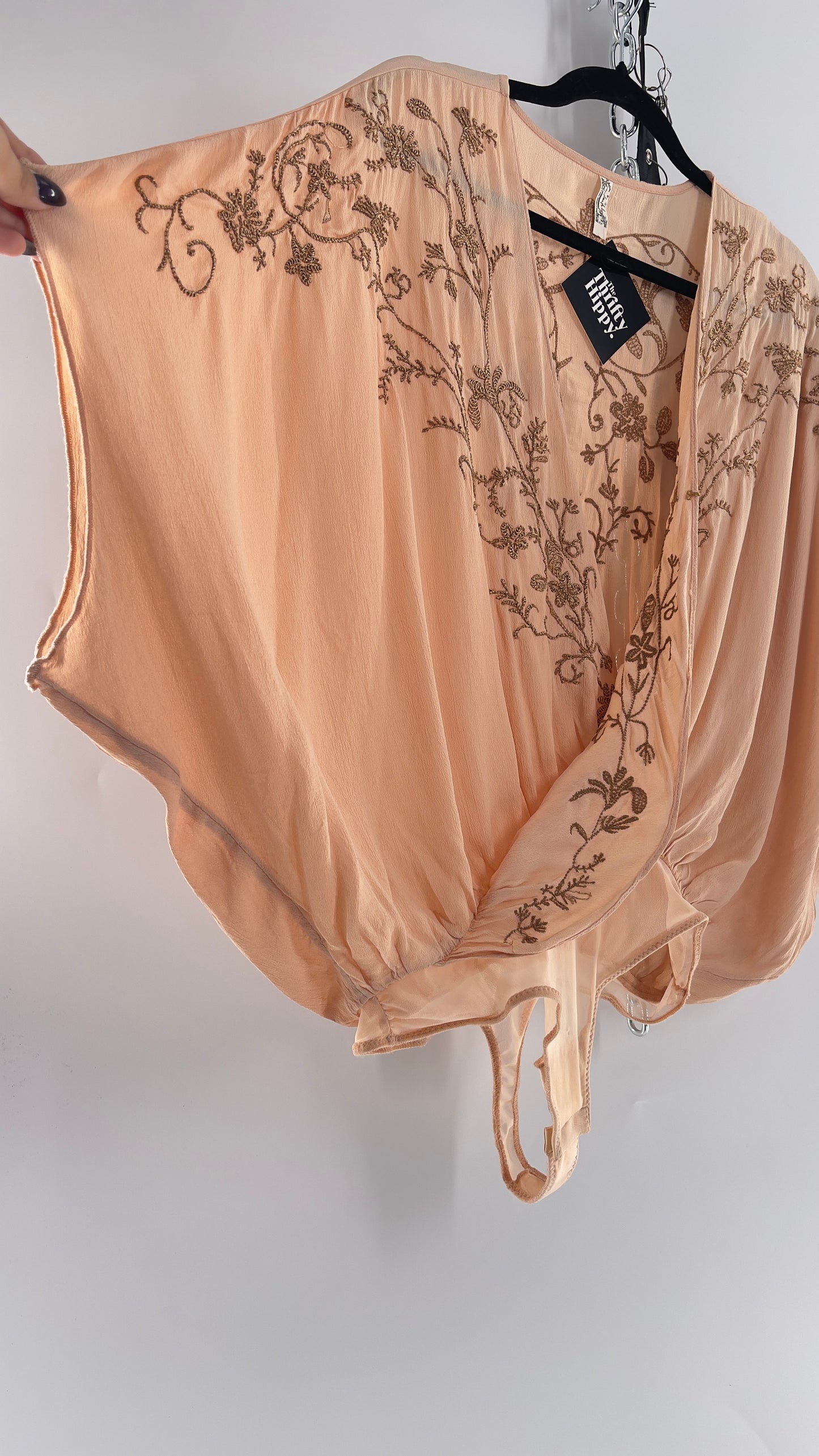 Free People Blush Short Sleeve Bodysuit with Gold Embroidered Blossoms (Small)