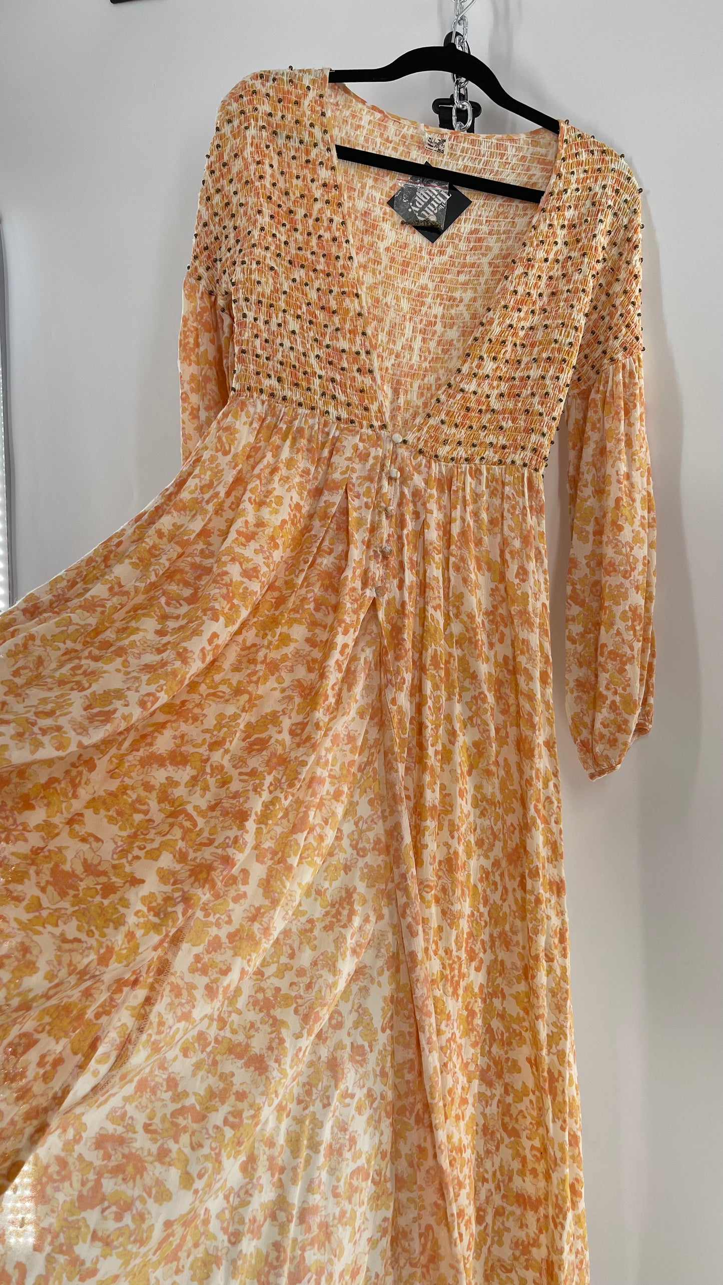 Intimately Free People Orange Floral Smocked Maxi Dress (XS)