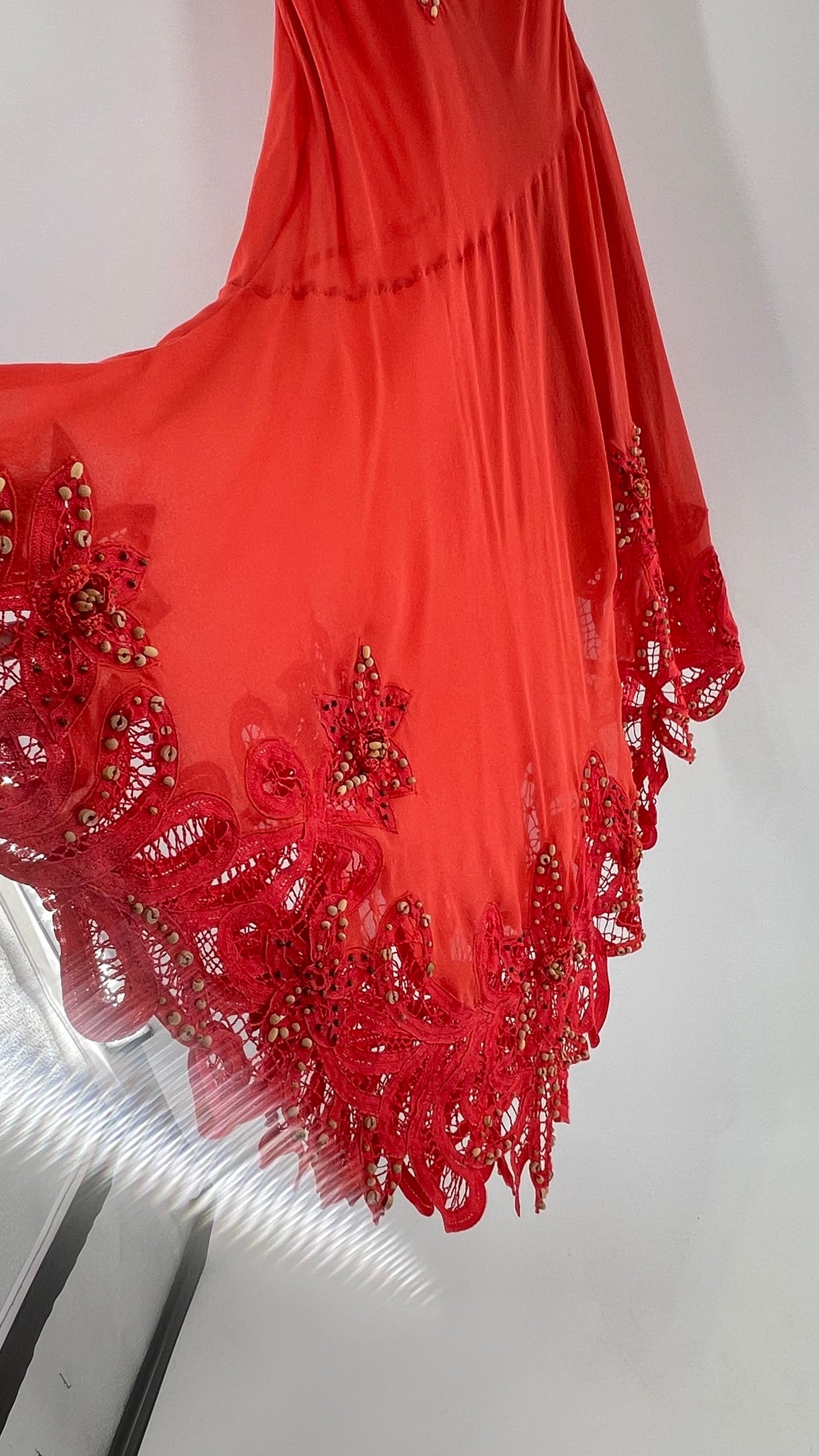 1990s Vintage Cache Coral Appliqué Tropical Beaded Slip (2)