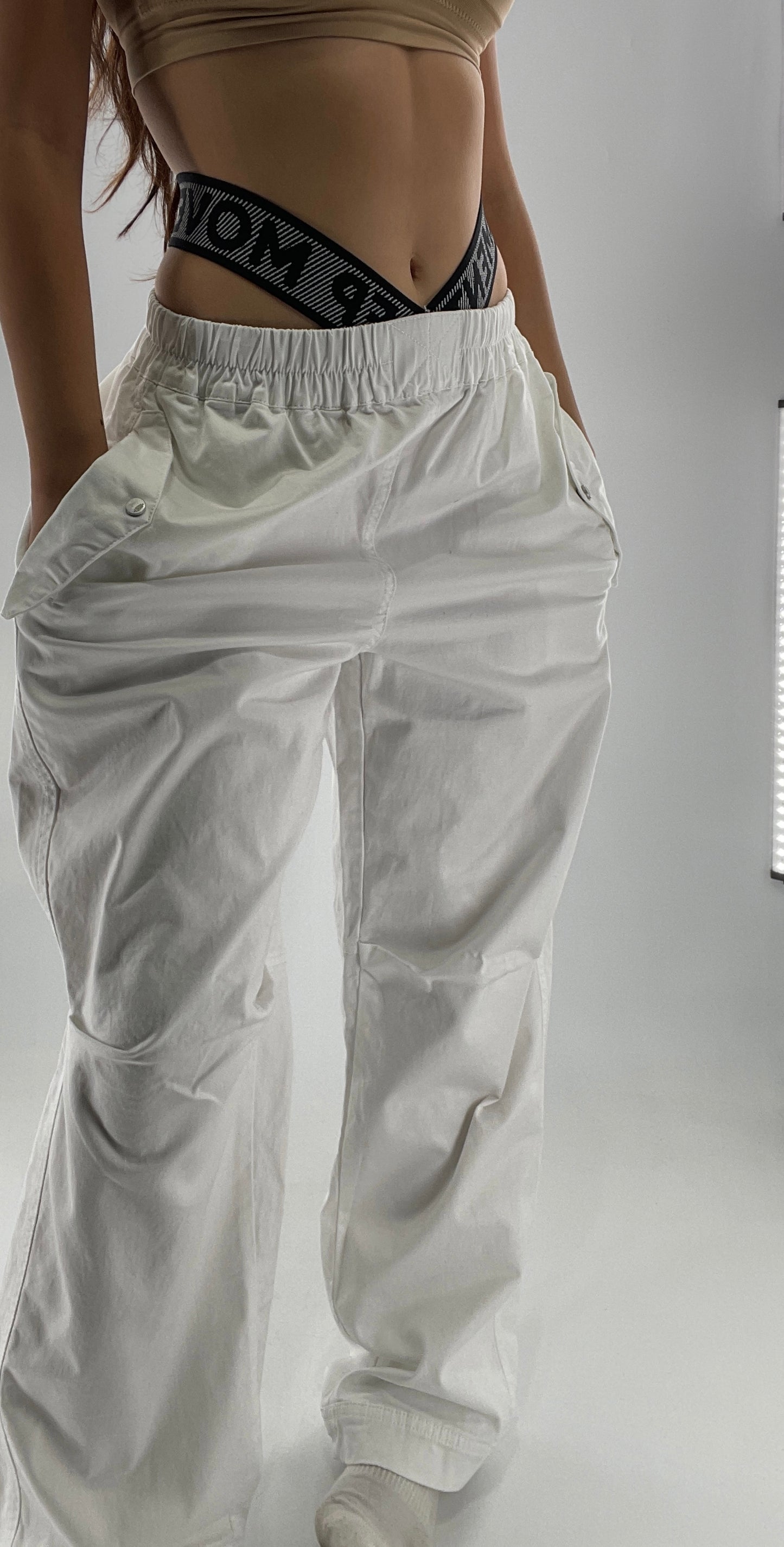 Free People Movement White Carpenter Pant with Branded Double Waistband (Small)