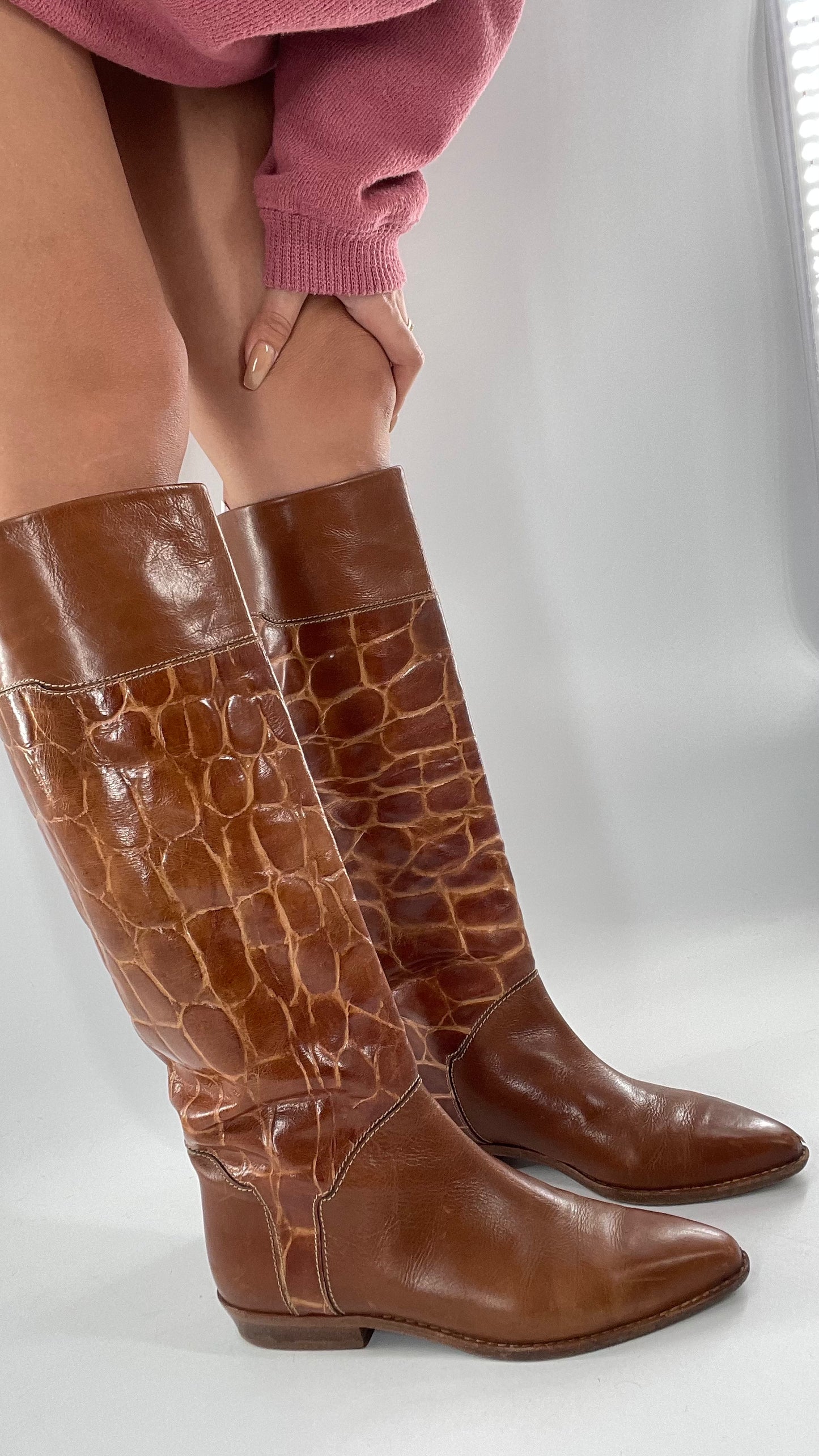 Joan & David Brown Leather Cowboy Snake Print Boots