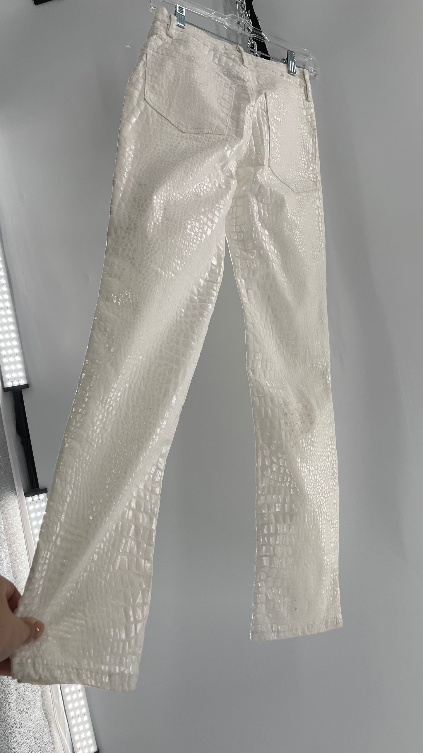 Free People White Straight Leg Jeans with Snake Patterned Texture (27)