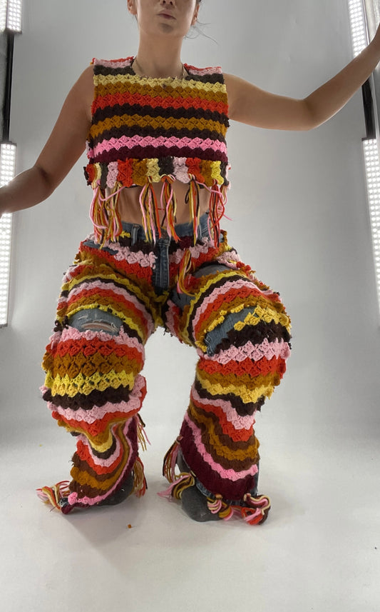 Custom Handmade RAGGEDY ANN Crochet Fringe Lined Crop (S/M)