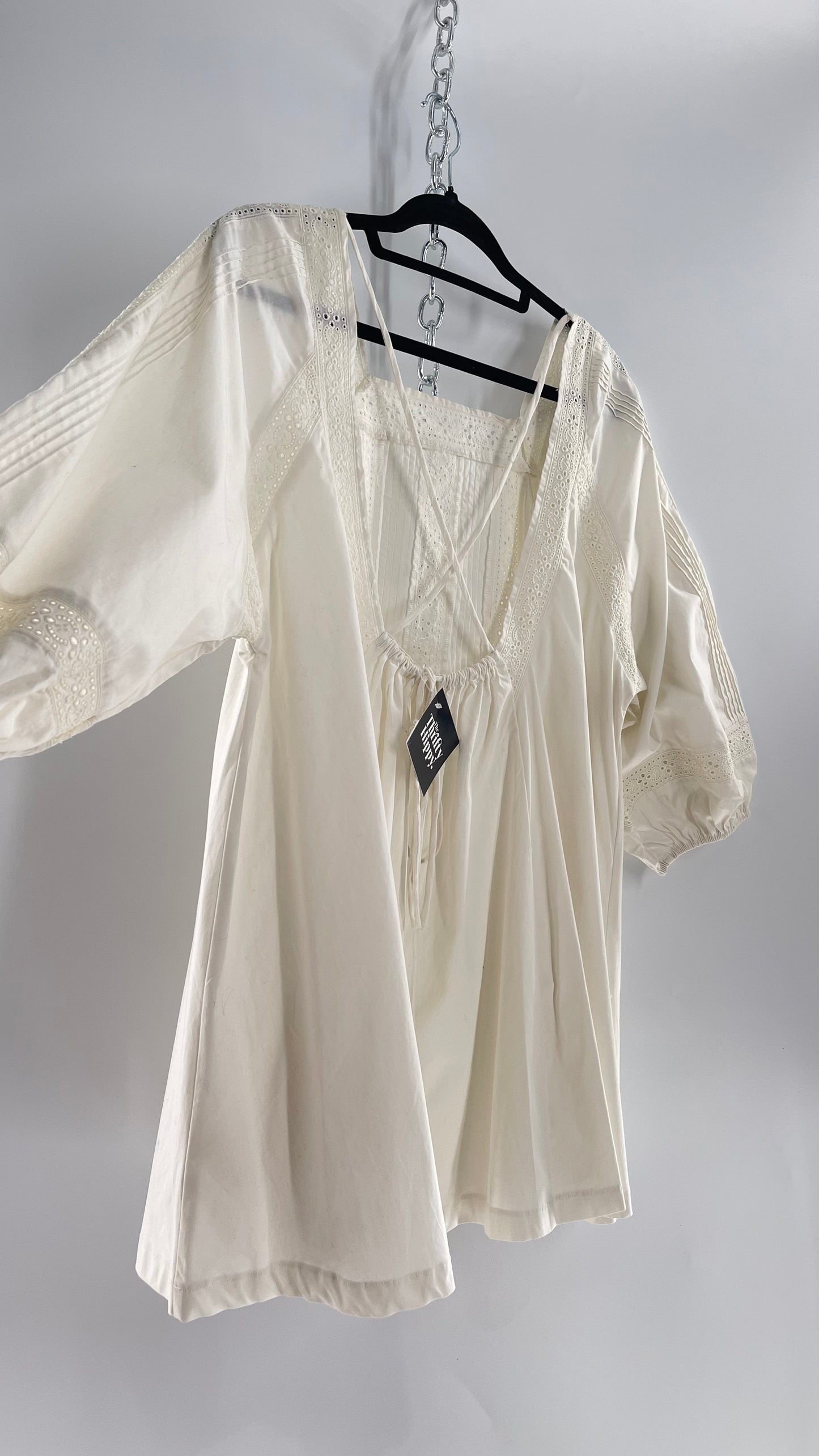 Free People White Long Sleeve Mini with Open Back and Lace Detailing (Small)