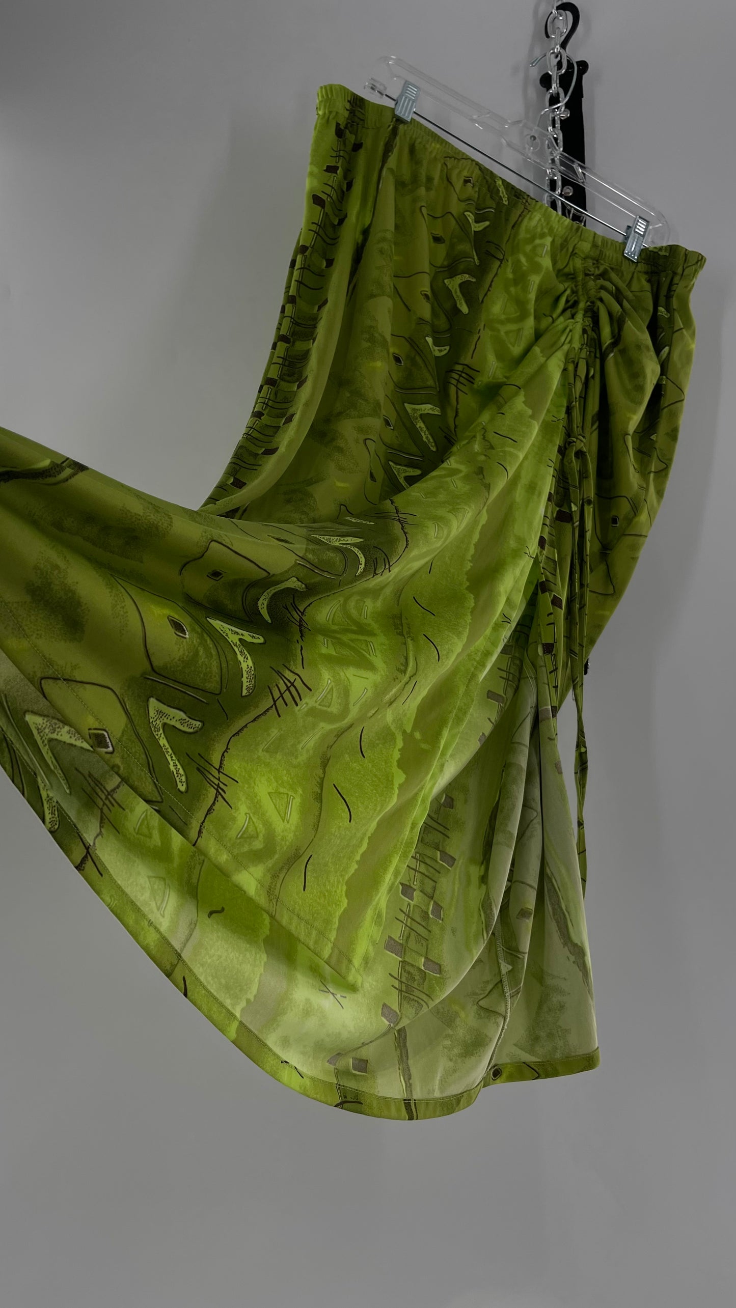 Vintage 90s Lime Green Patterned Ruche Side Slit Skirt (XXL)