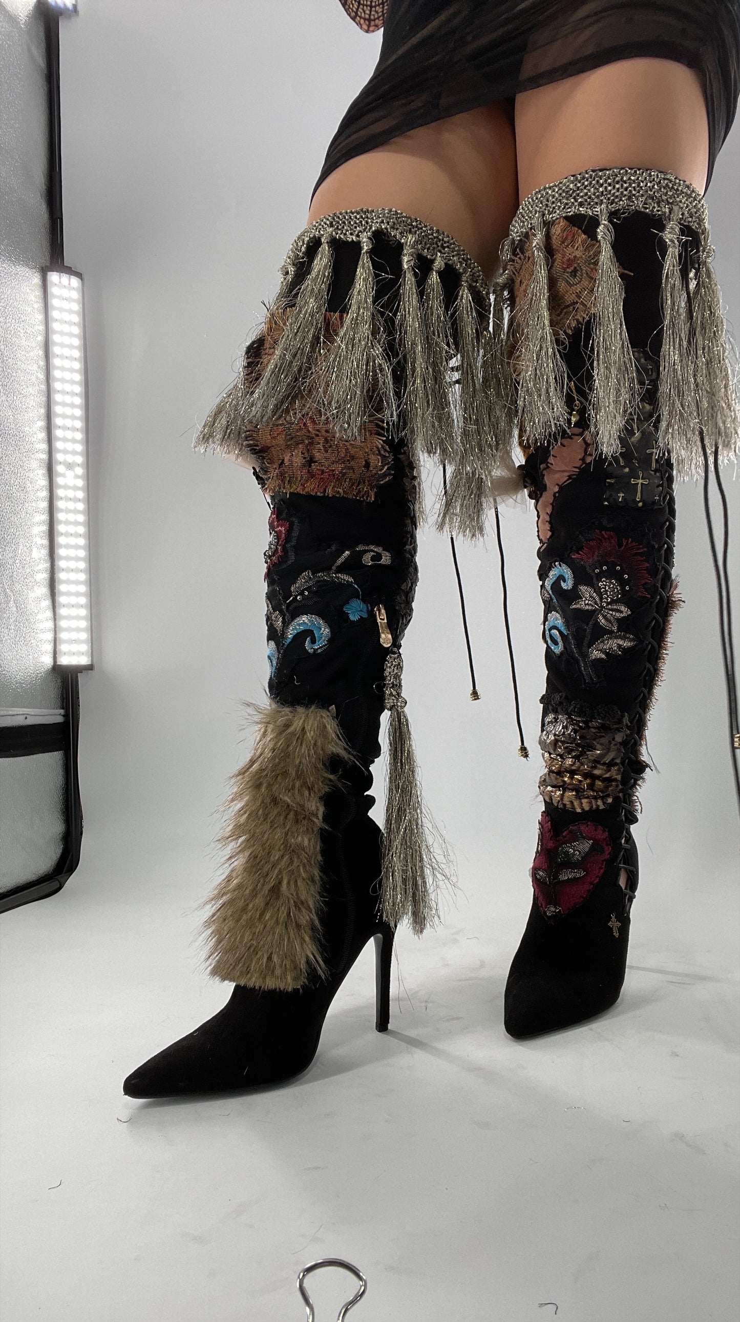 Custom Hand Sewn + Embroidered Thigh High Boots (7.5)
