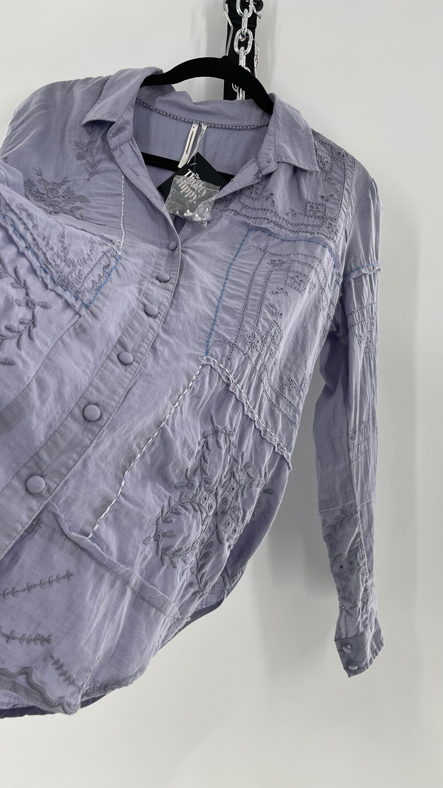 Anthropologie Powder Blue Patchwork Embroidered Long Sleeve (Small)