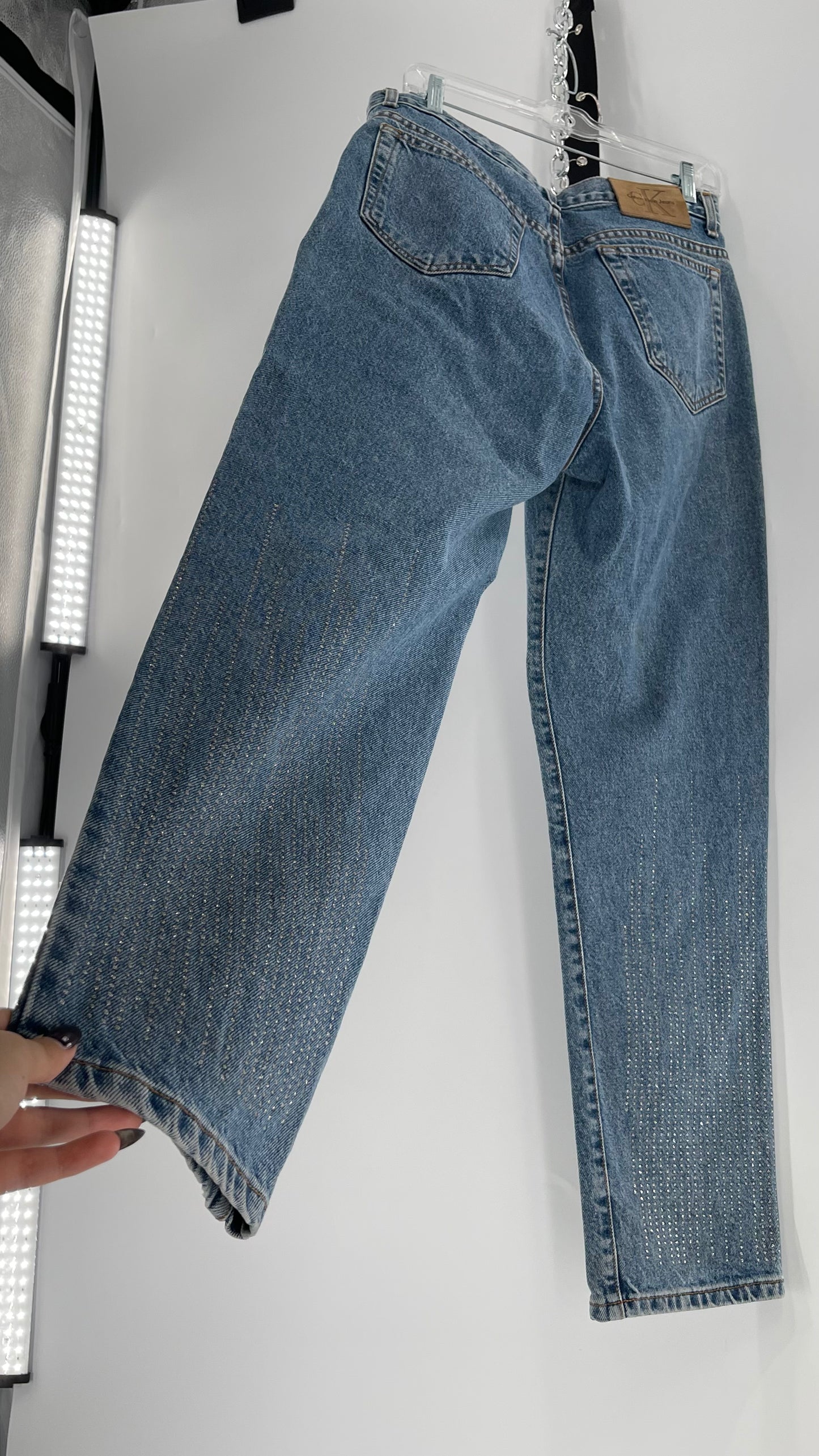 Vintage Calvin Klein Stone Washed Jeans with Silver Glitter Hem (29/30)