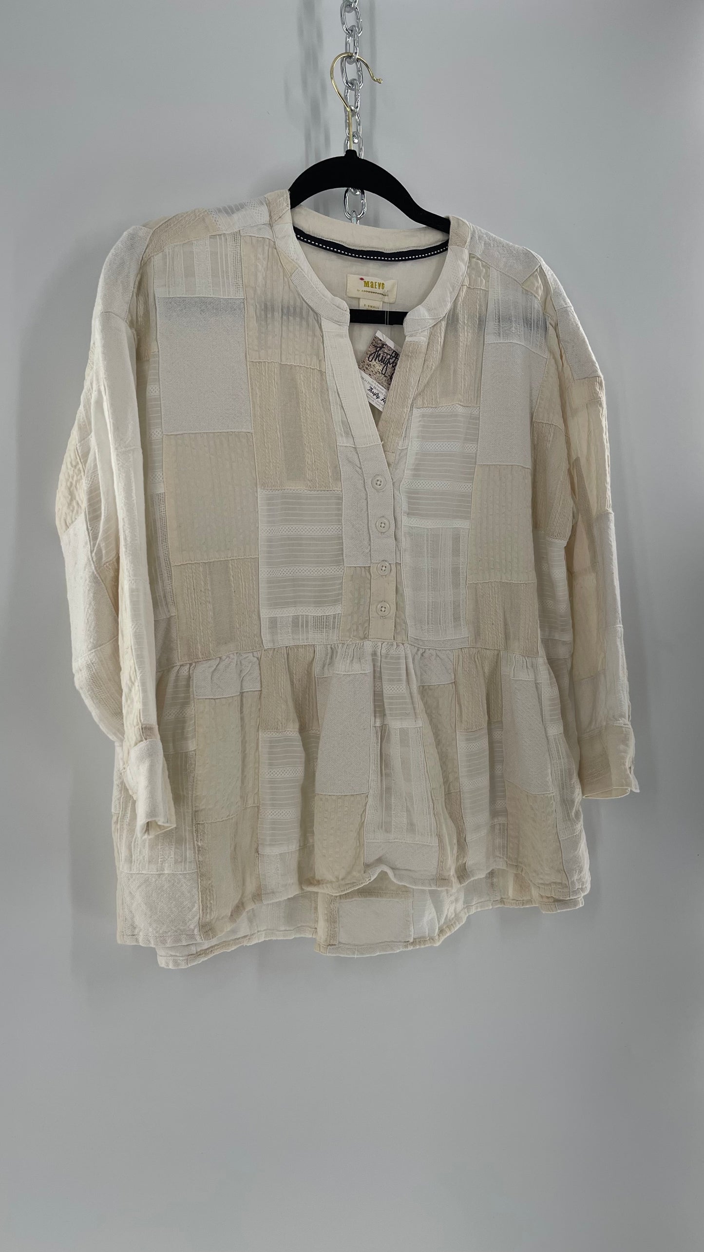 Maeve Anthropologie Beige Patchwork Long Sleeve Top (XS)