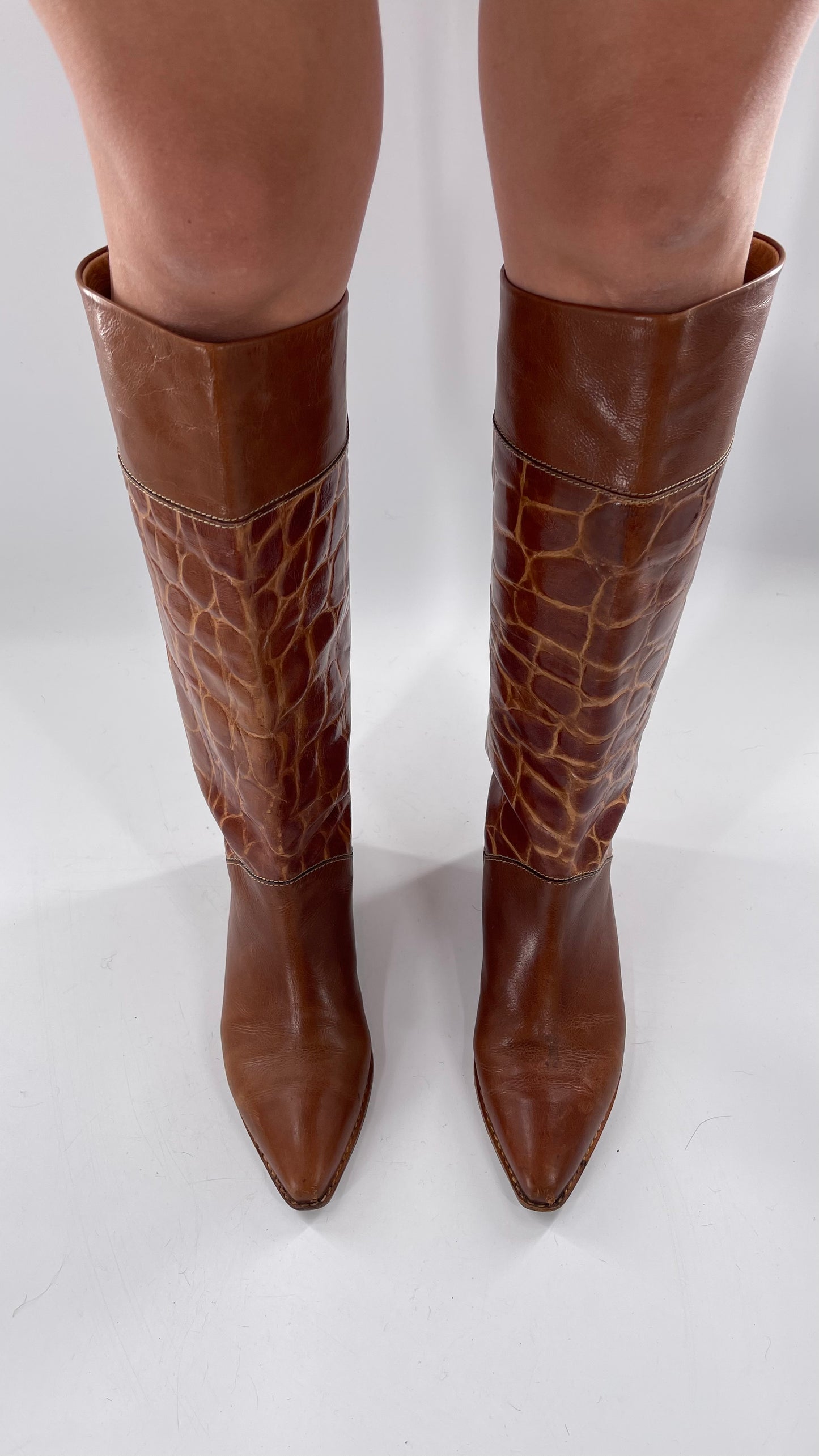 Joan & David Brown Leather Cowboy Snake Print Boots
