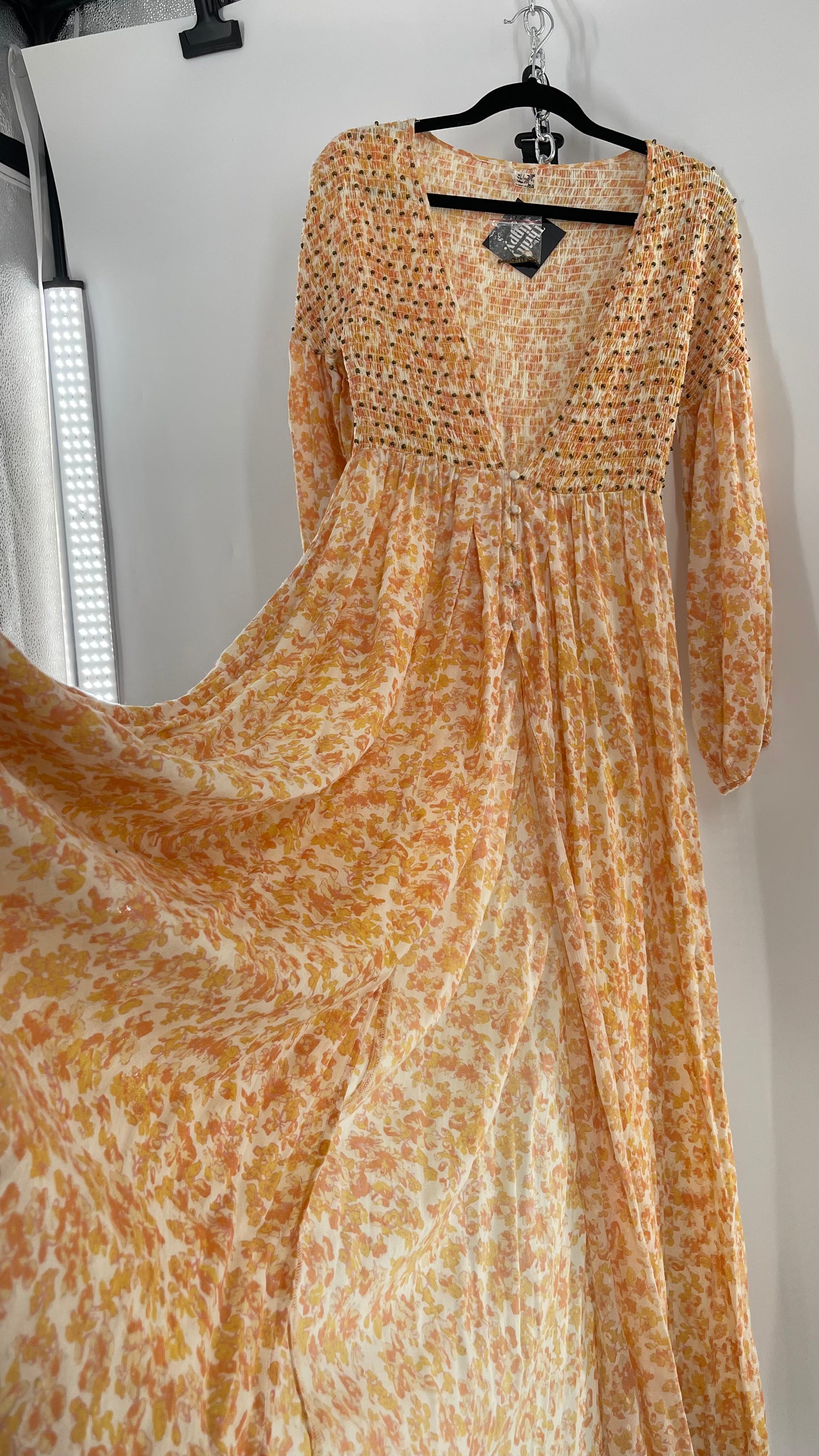 Intimately Free People Orange Floral Smocked Maxi Dress (XS)