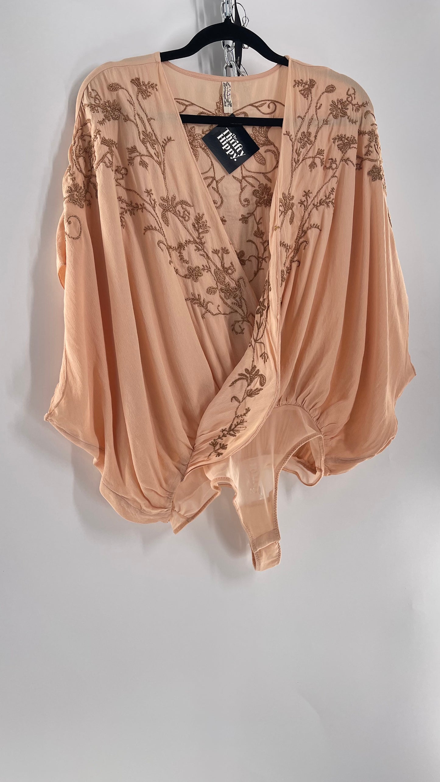 Free People Blush Short Sleeve Bodysuit with Gold Embroidered Blossoms (Small)