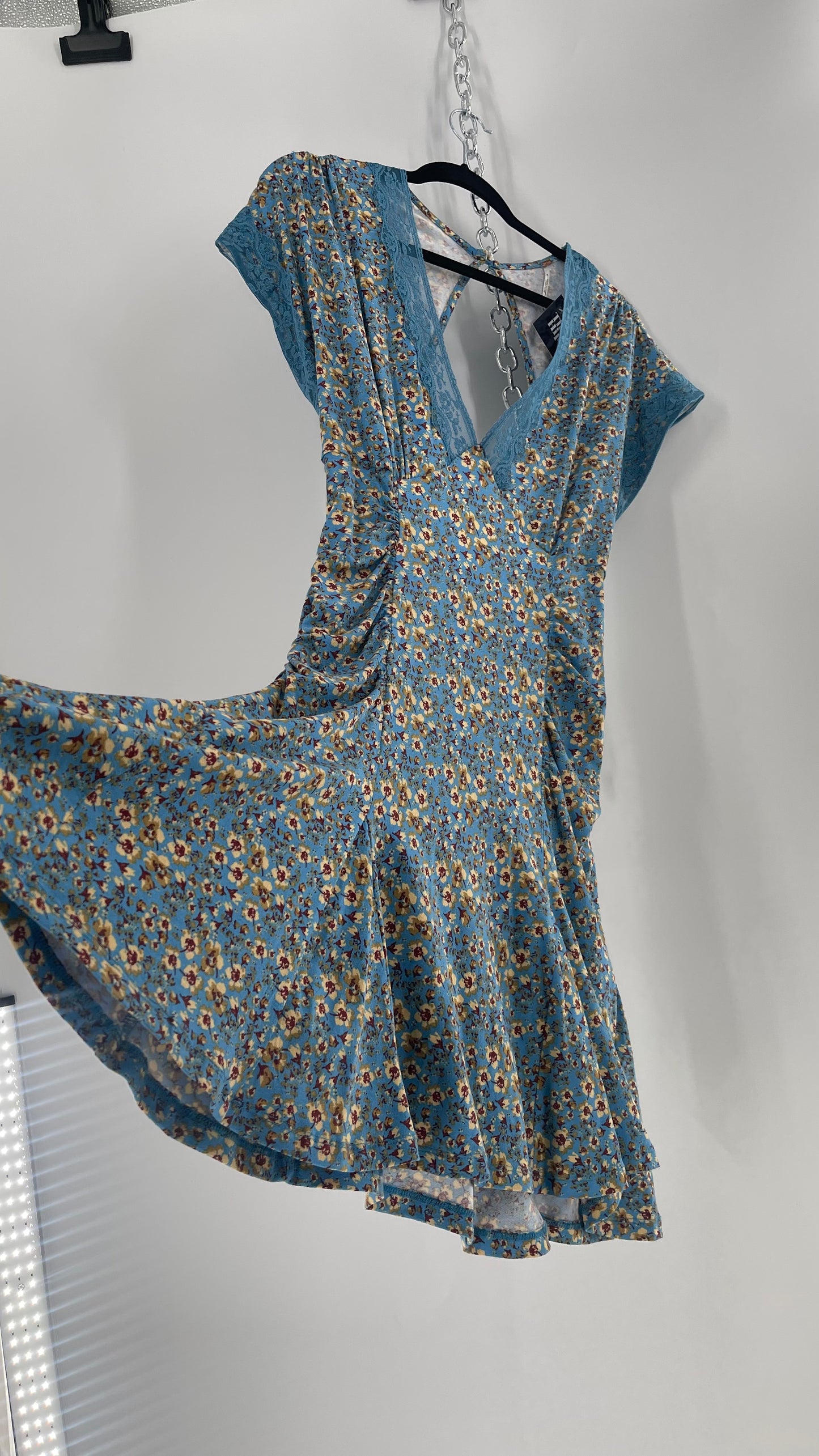 Free People Sweet Talker Blue Floral Ruched Mini Dress (Large)