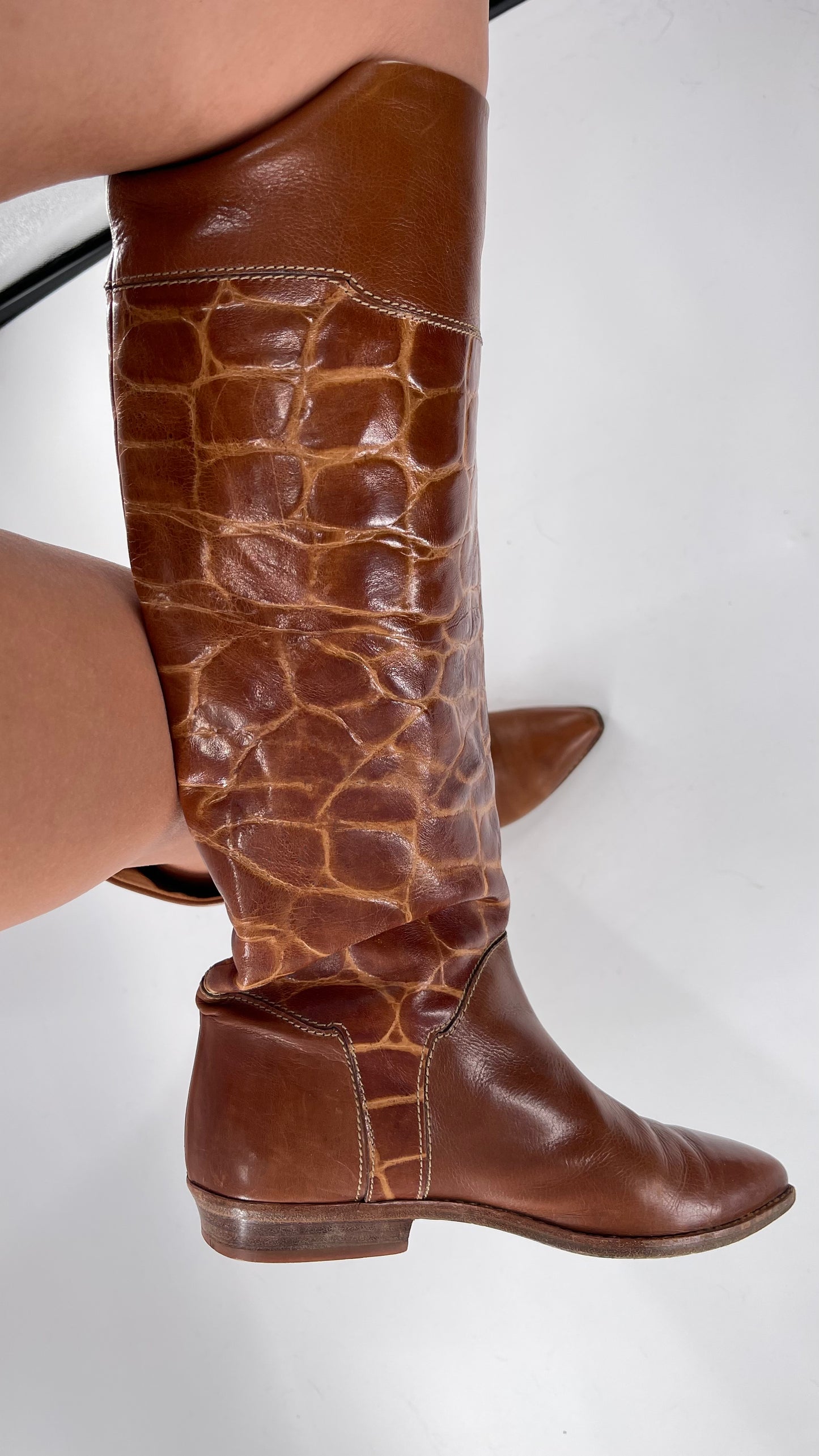 Joan & David Brown Leather Cowboy Snake Print Boots