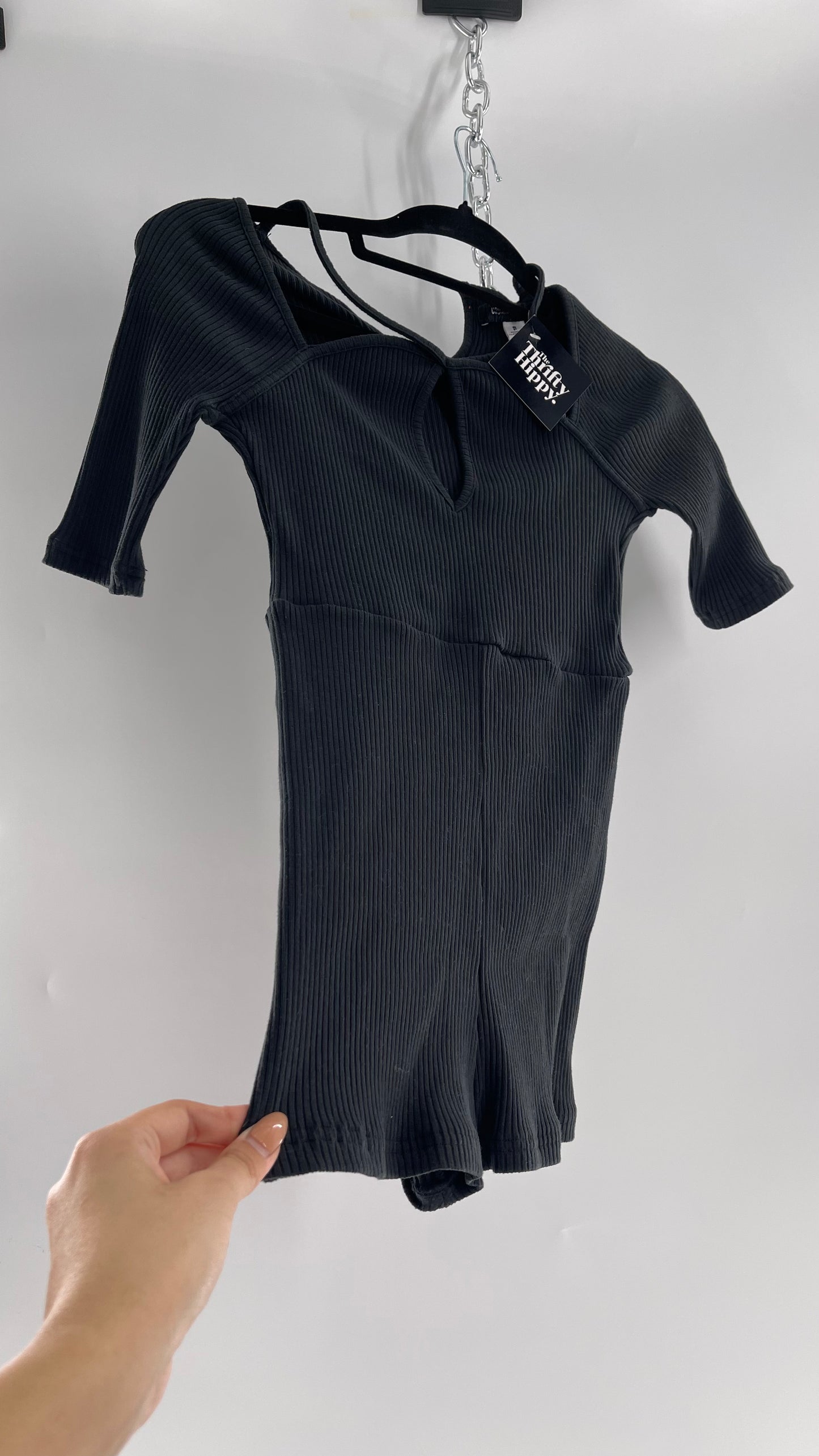 Urban Outfitters Black Ribbed Jumpsuit with Detailed Neckline (Small)