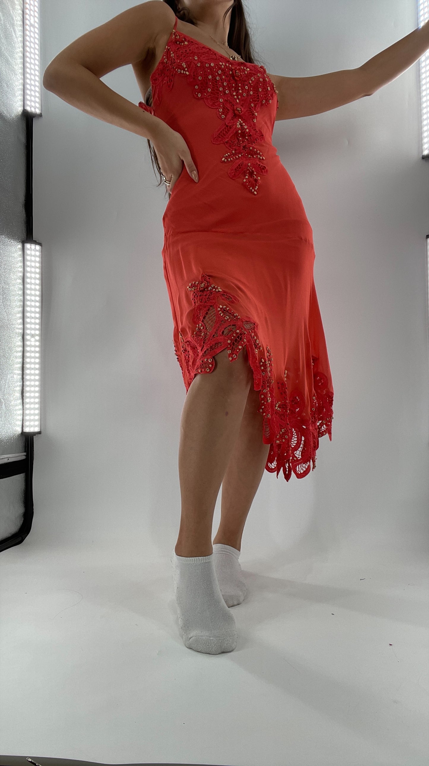 1990s Vintage Cache Coral Appliqué Tropical Beaded Slip (2)