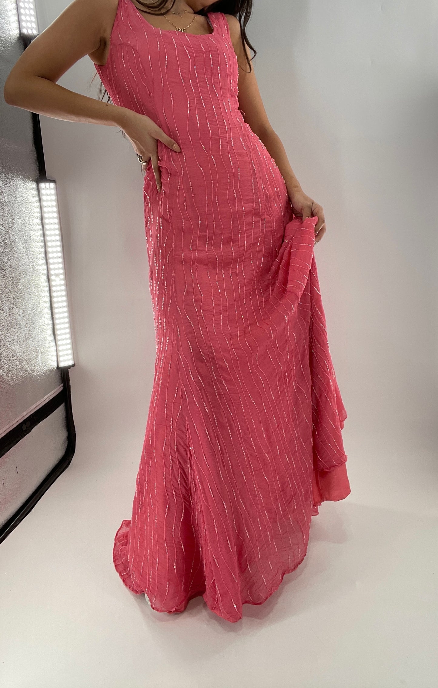 Vintage 1990s Clifford Michael Pink Beaded Crimped 100% Silk Maxi (10)