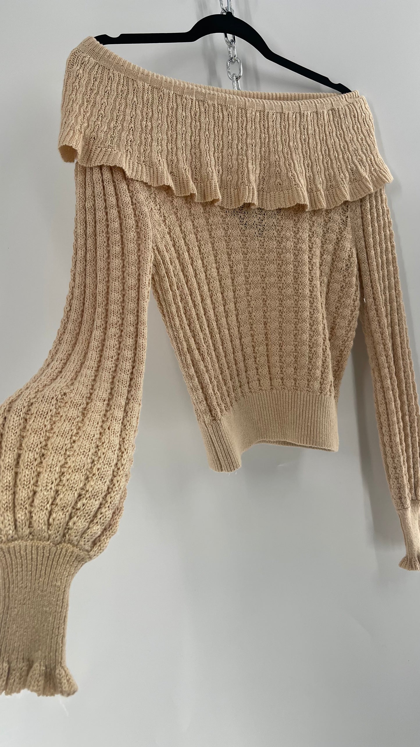 Free People Baby Yellow Knit Ruffled Off the Shoulder Sweater (Small)