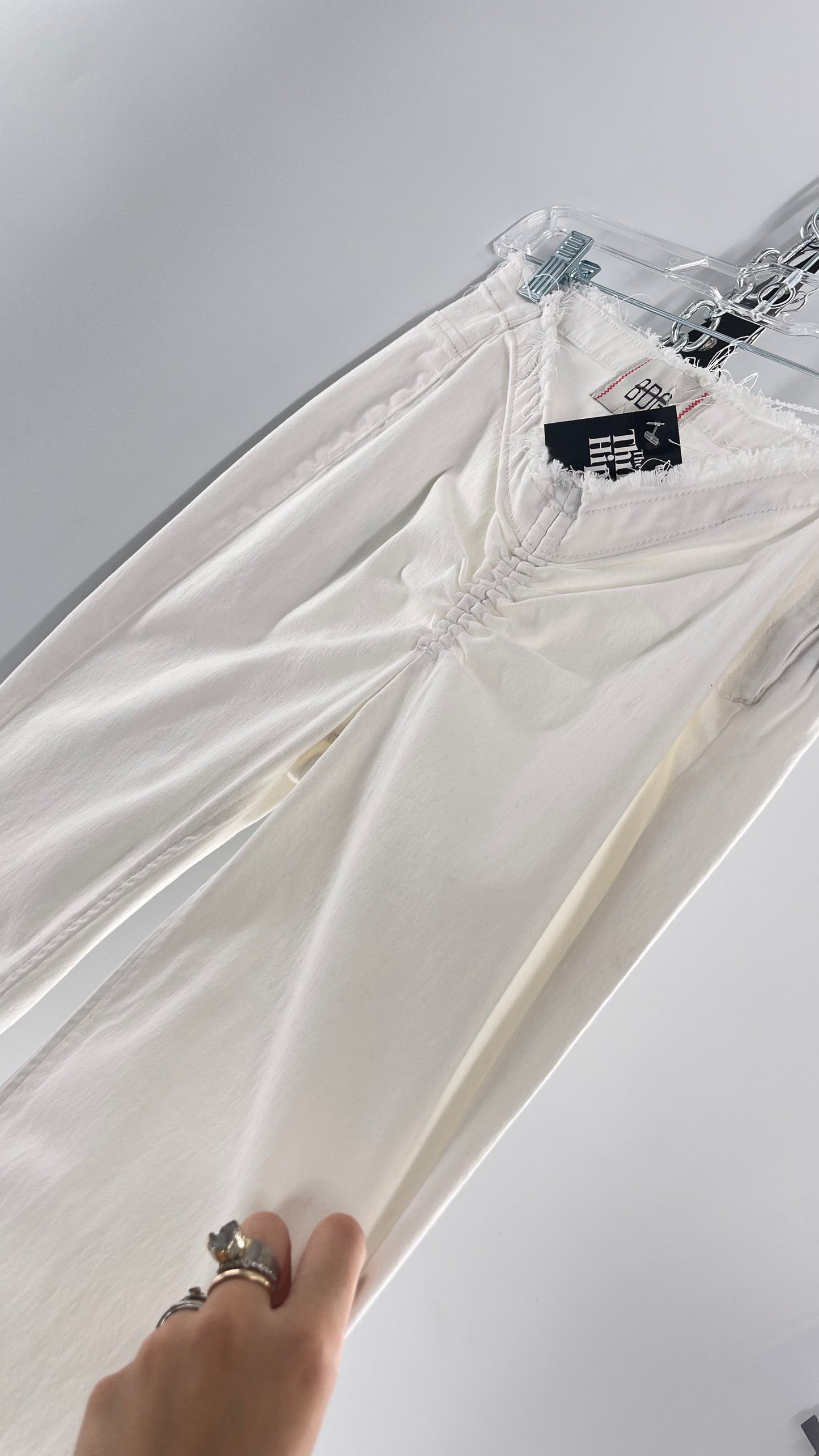 BDG White Frayed Waistline Scrunch Front Bell Bottoms (27)
