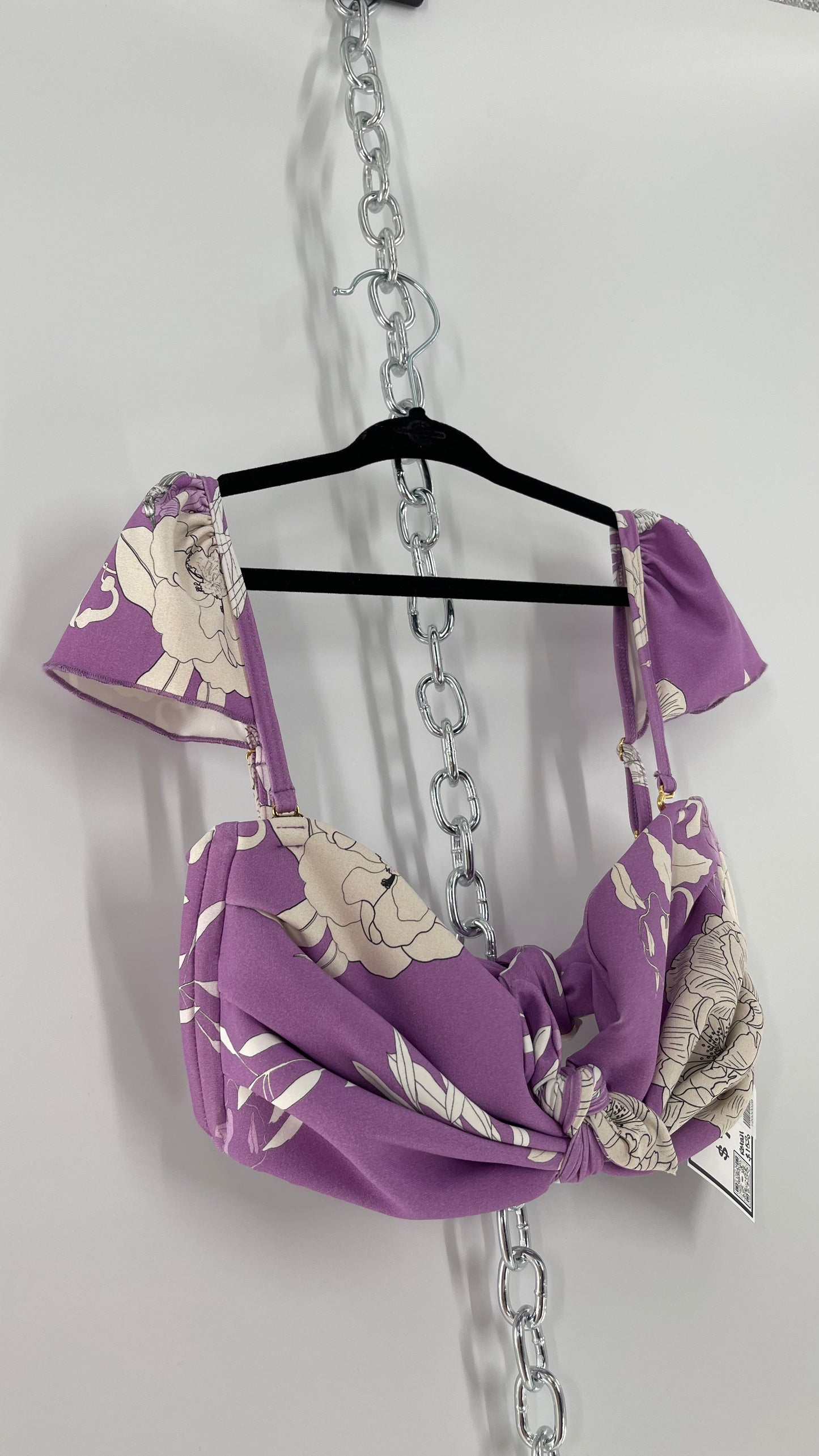 Montce Lilac Lavender Floral Swim Top with Tie Front and Ruffled Shoulder (Medium)
