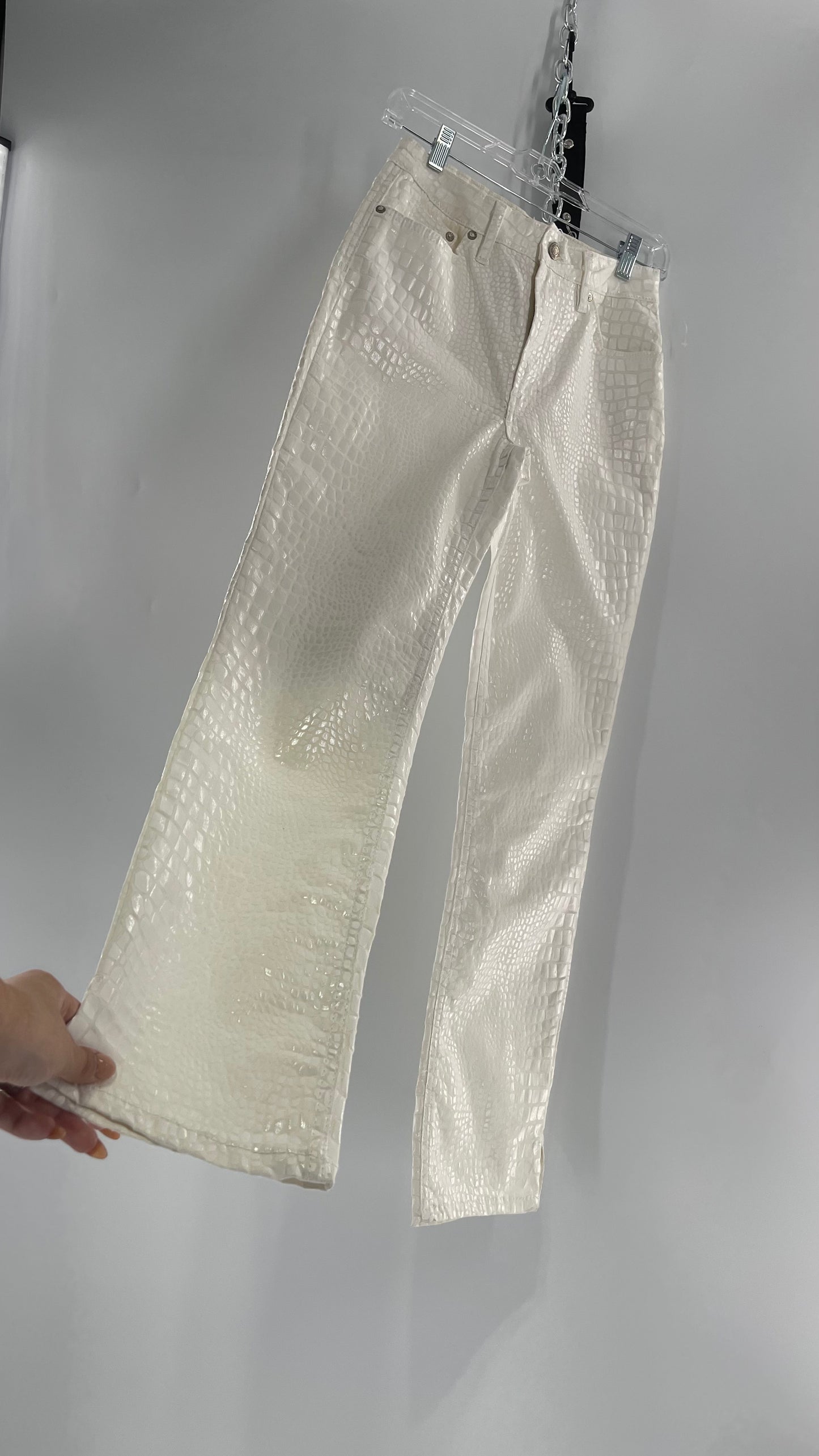 Free People White Straight Leg Jeans with Snake Patterned Texture (27)