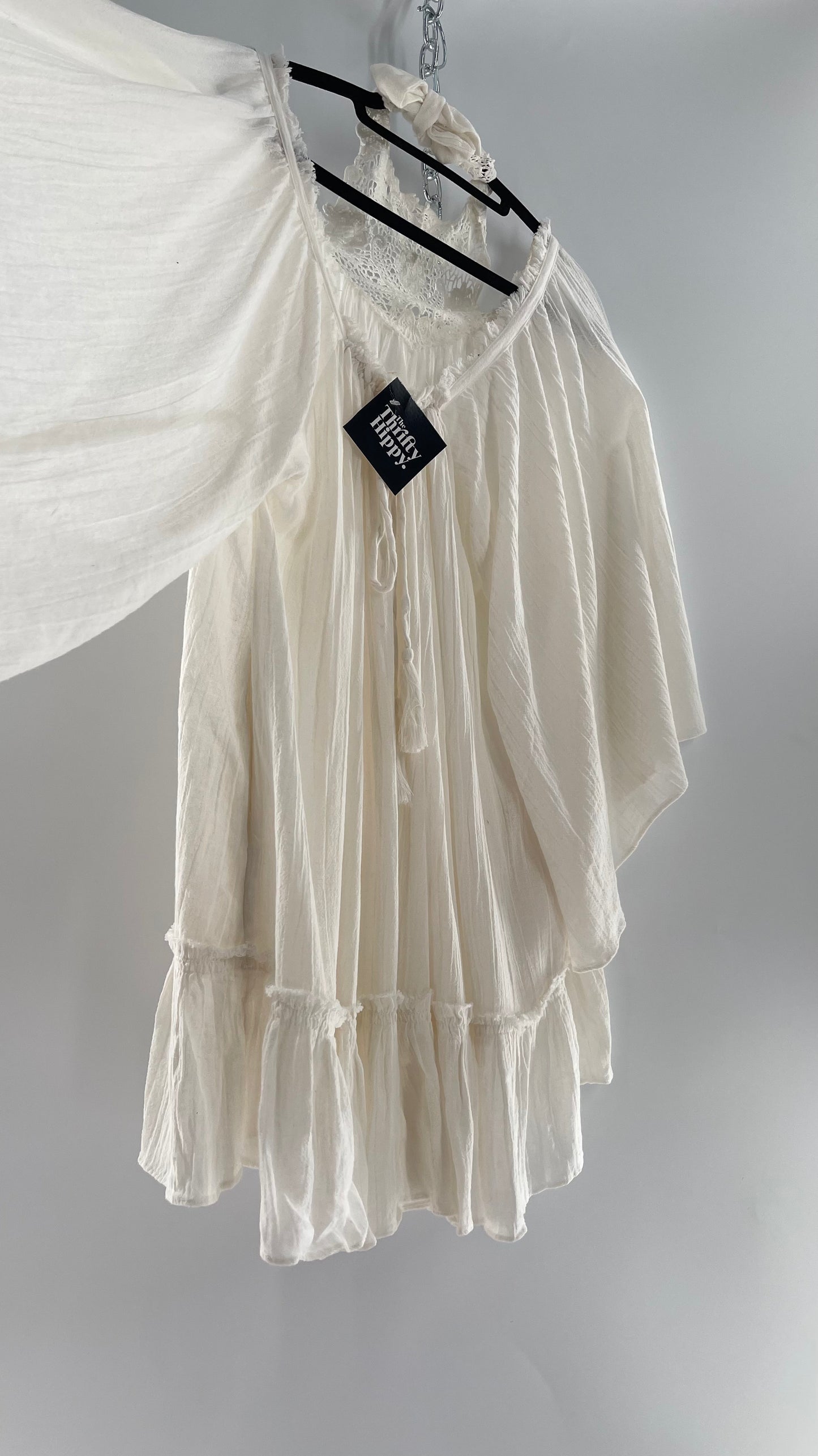 Free People Flowy Gauze/Cotton Free Flow Dress with Lace Halter (Small)