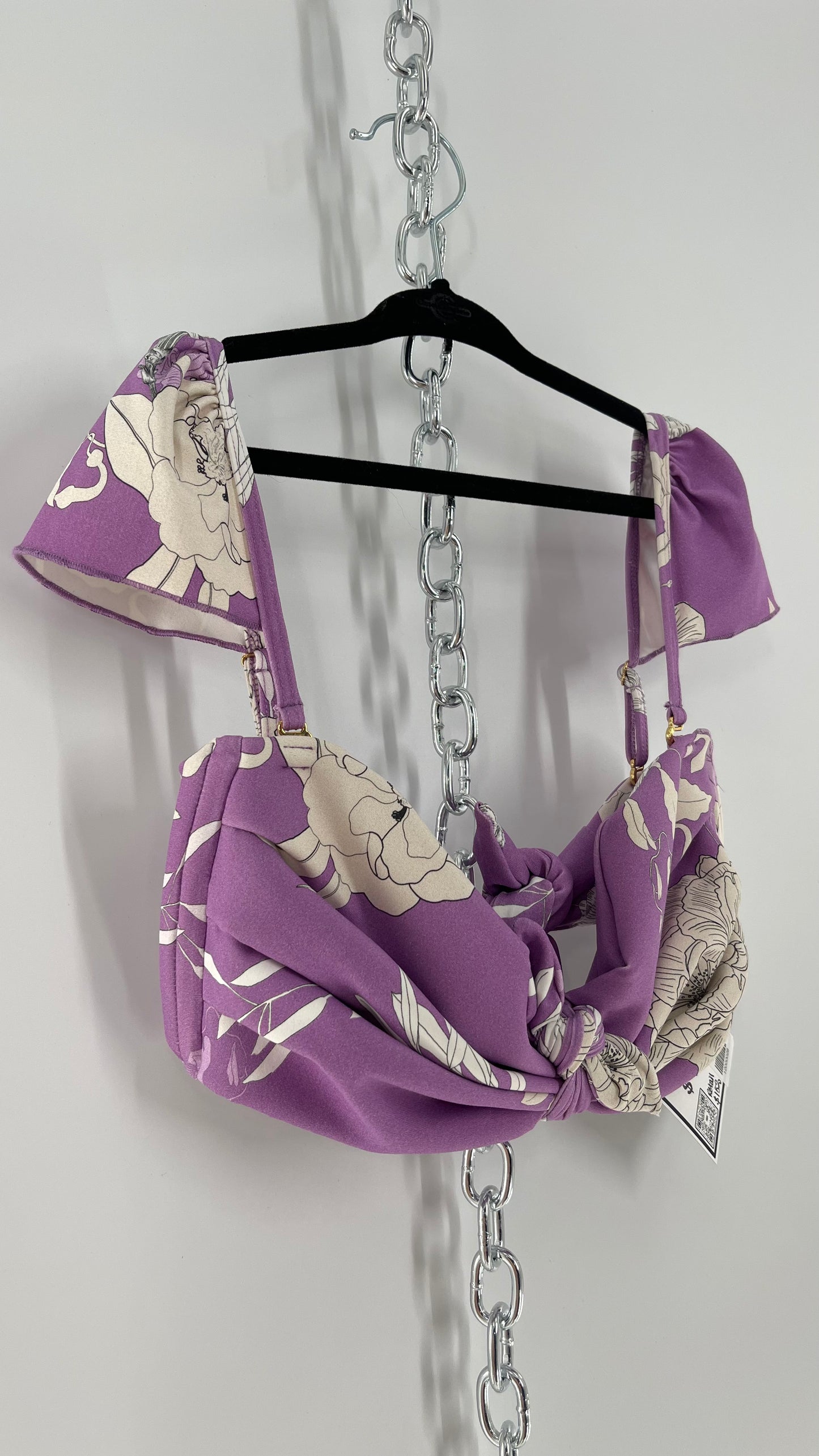 Montce Lilac Lavender Floral Swim Top with Tie Front and Ruffled Shoulder (Medium)