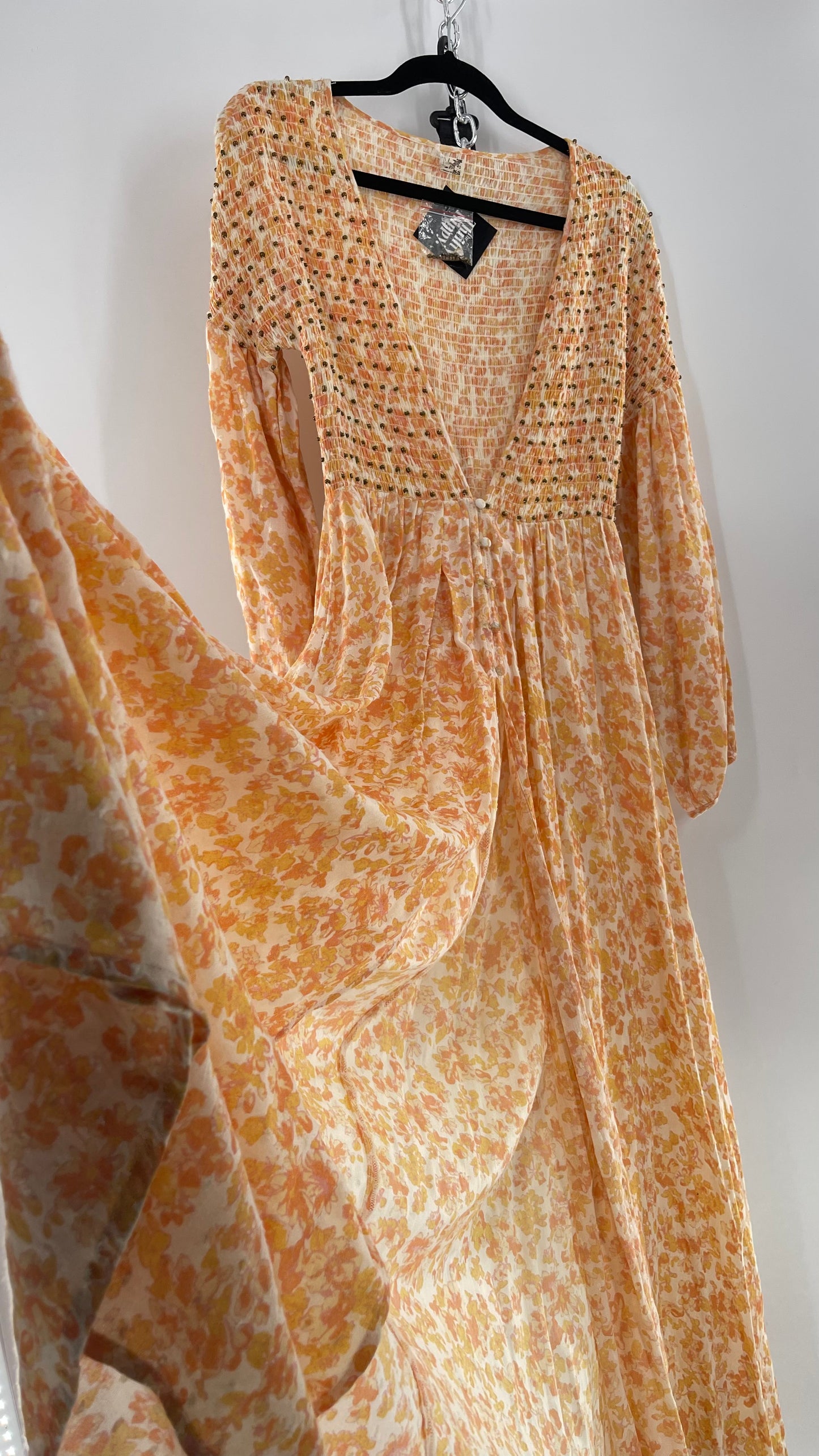 Intimately Free People Orange Floral Smocked Maxi Dress (XS)